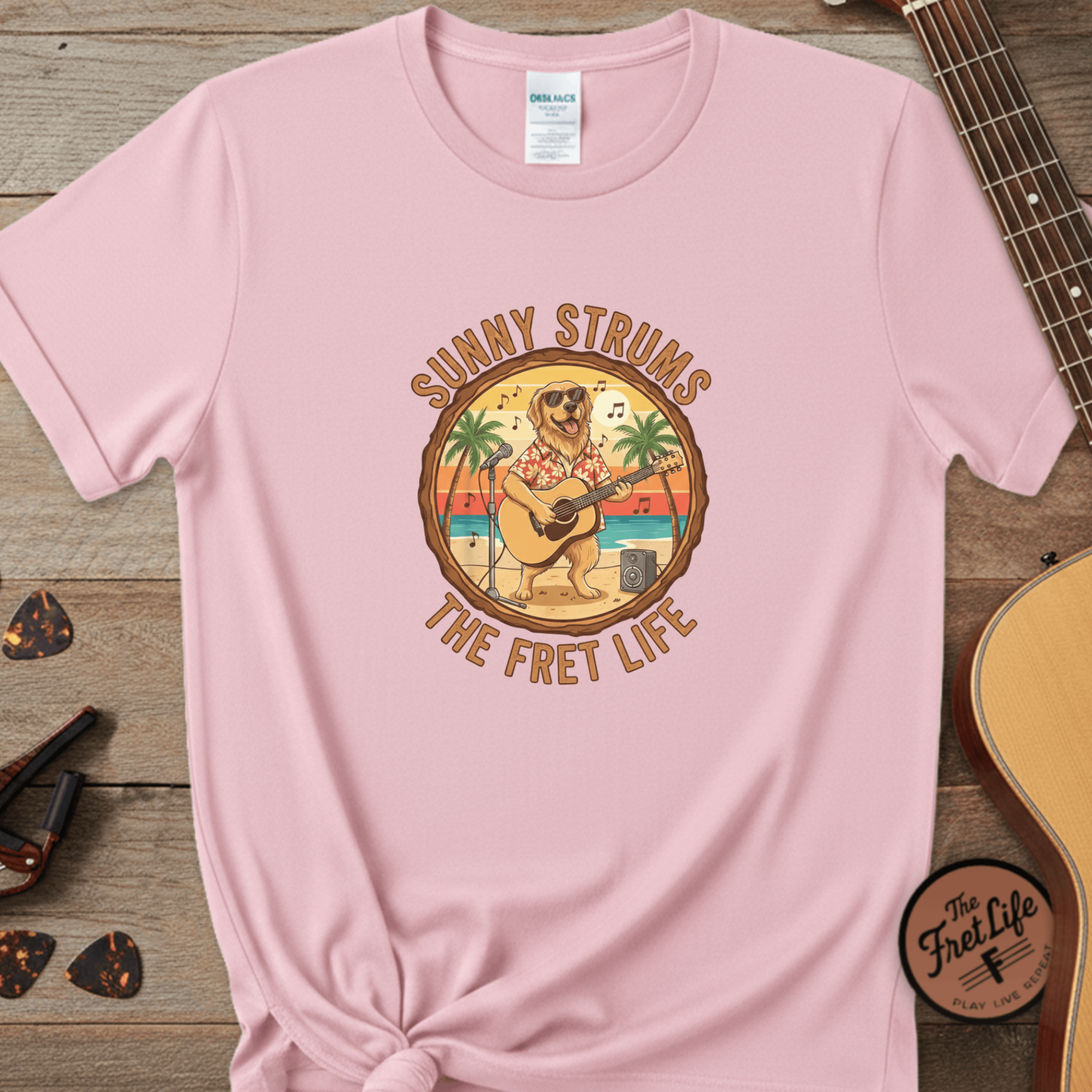 Printify T-Shirt Blossom / S Sunny Strums: Golden Retriever Acoustic Serenade Tee