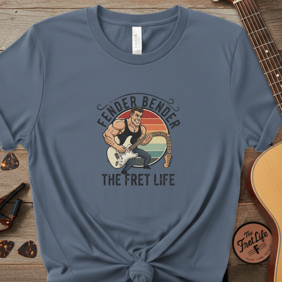 Printify T-Shirt Blue Jean / S Fender Bender: The Fret Life T-Shirt (Vintage Rocker Edition)