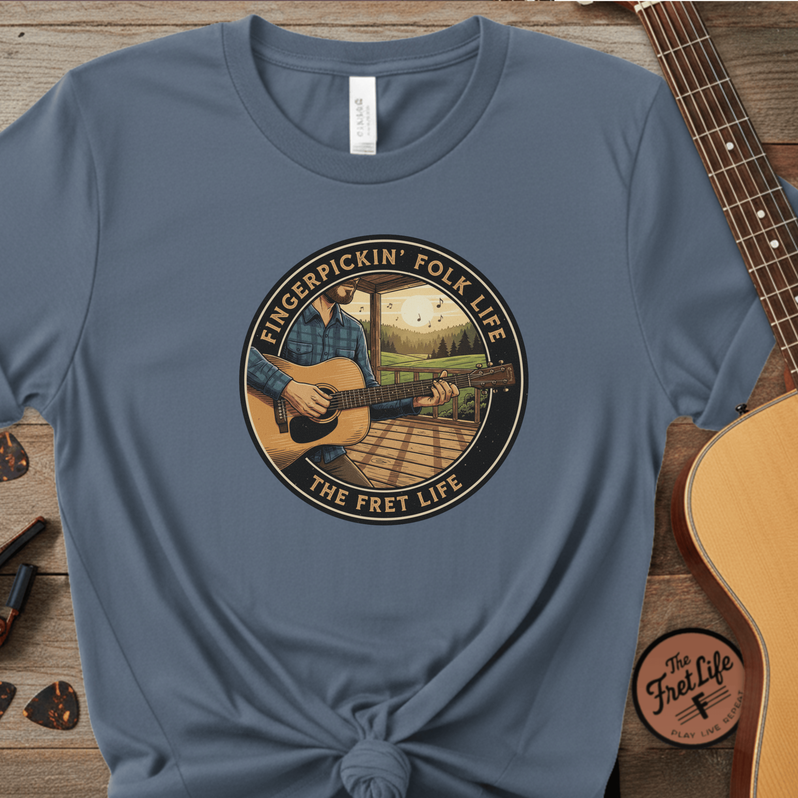 Printify T-Shirt Blue Jean / S Fingerpickin' Folk Life: Porch & Sunset Acoustic Tee