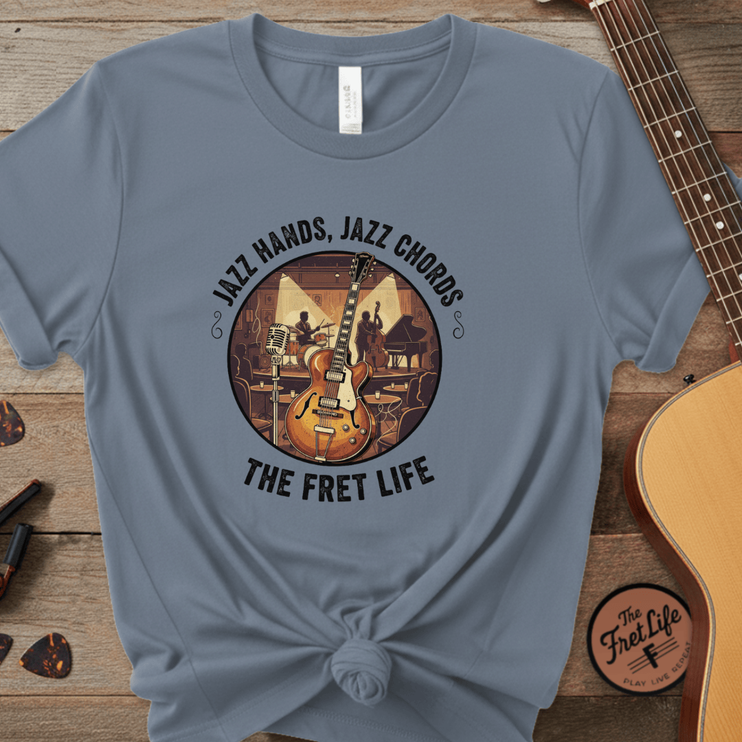 Printify T-Shirt Blue Jean / S Jazz Hands, Jazz Chords: The Fret Life Club Tee