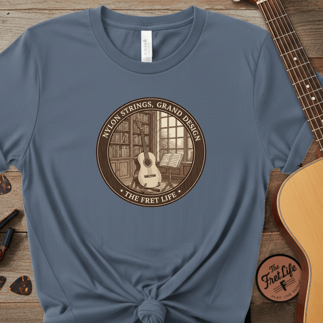 Printify T-Shirt Blue Jean / S Nylon Strings, Grand Design: The Classical Guitar Tee