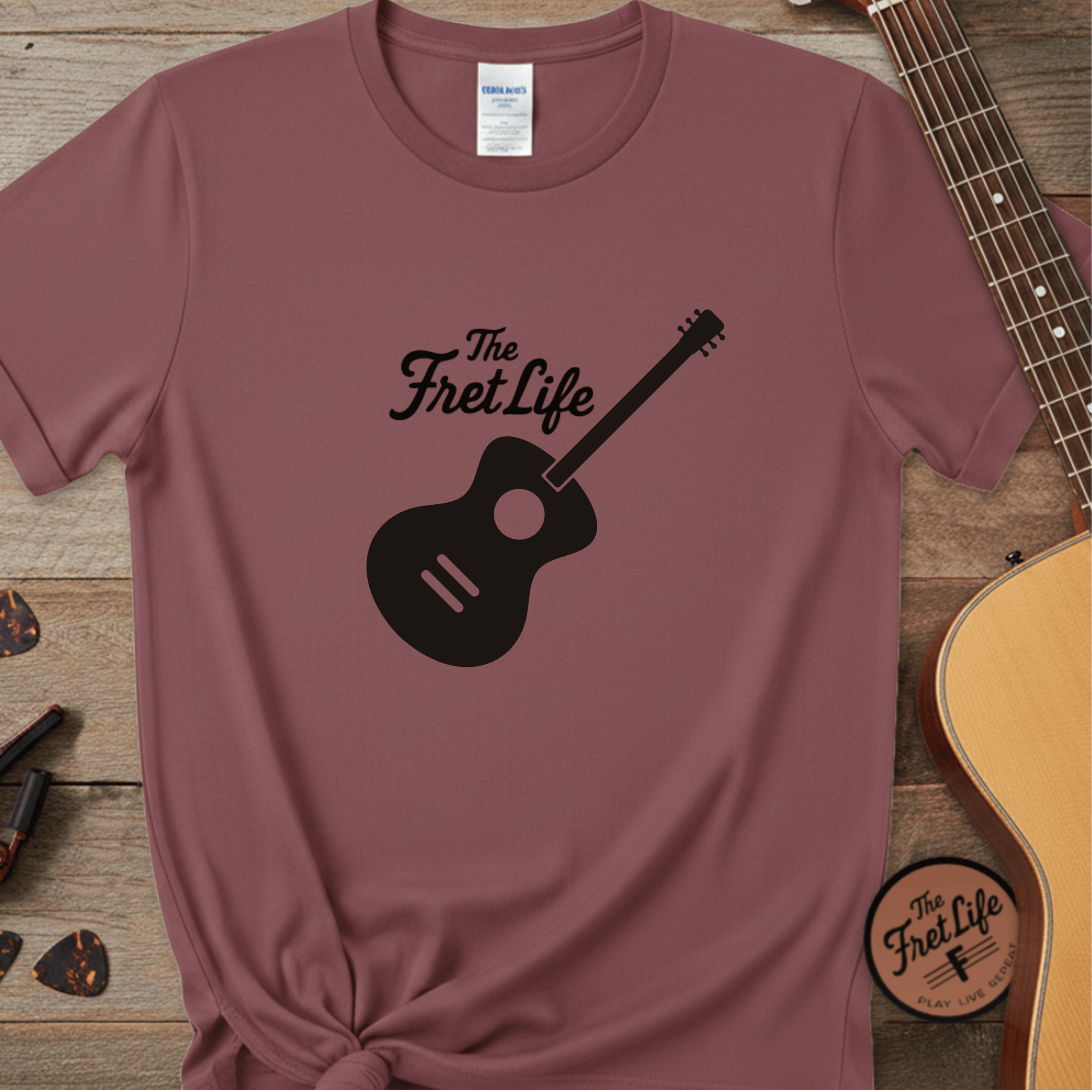 Printify T-Shirt Brick / S Acoustic Guitar, The Fret Life, Unisex Garment-Dyed T-shirt