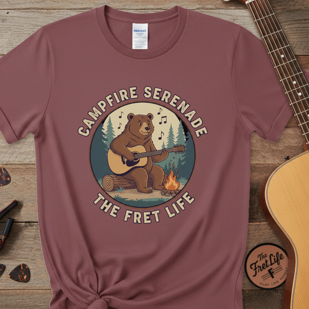 Printify T-Shirt Brick / S Campfire Serenade, Bear playing guitar design Garment-Dyed T-shirt