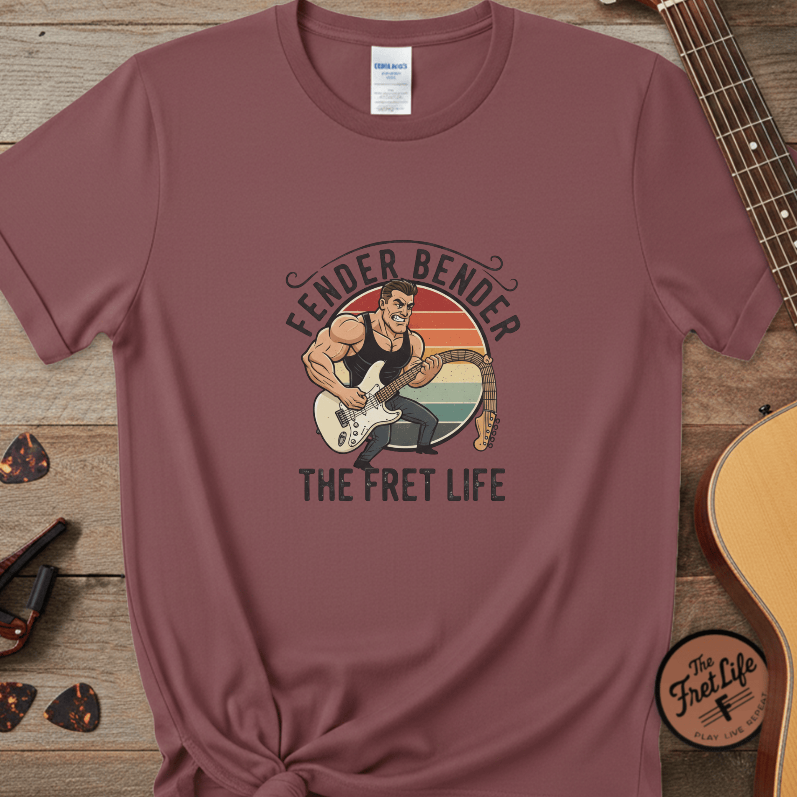 Printify T-Shirt Brick / S Fender Bender: The Fret Life T-Shirt (Vintage Rocker Edition)