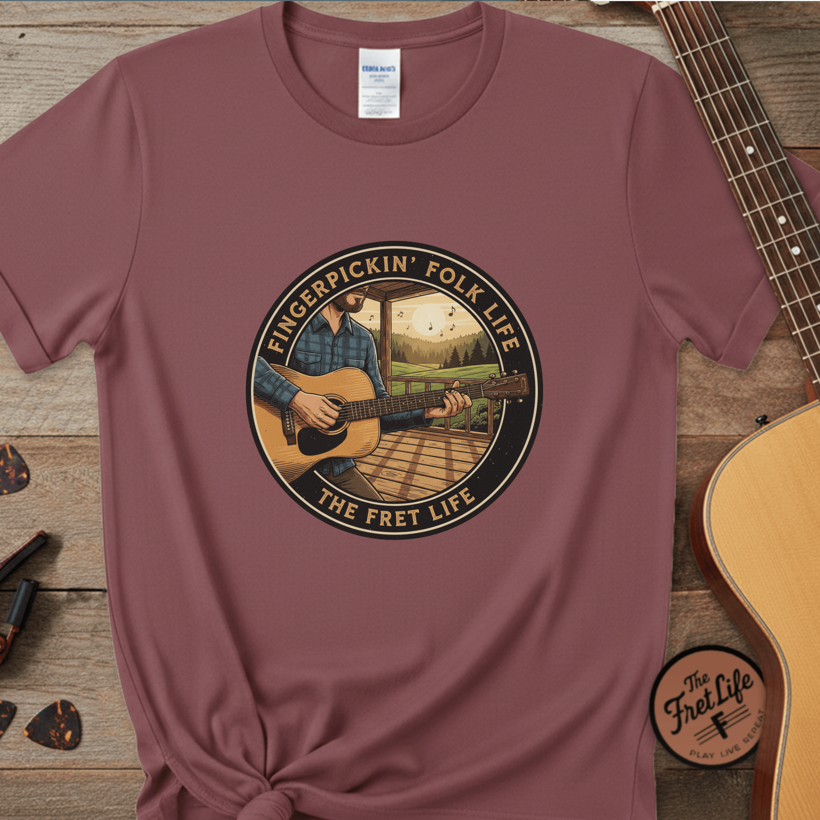 Printify T-Shirt Brick / S Fingerpickin' Folk Life: Porch & Sunset Acoustic Tee