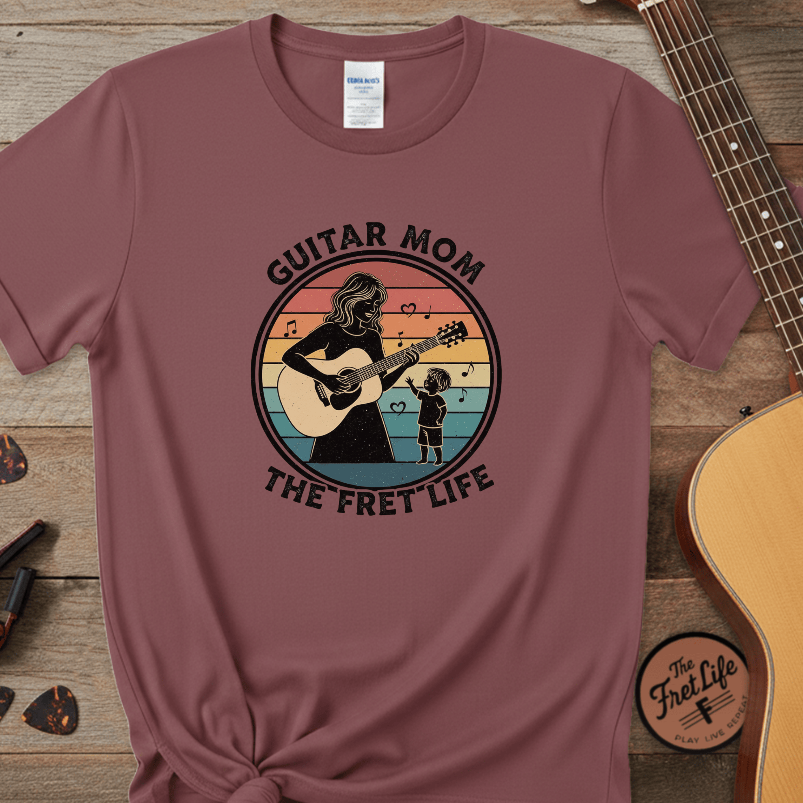 Printify T-Shirt Brick / S Guitar Mom: The Fret Life Acoustic Silhouette Tee