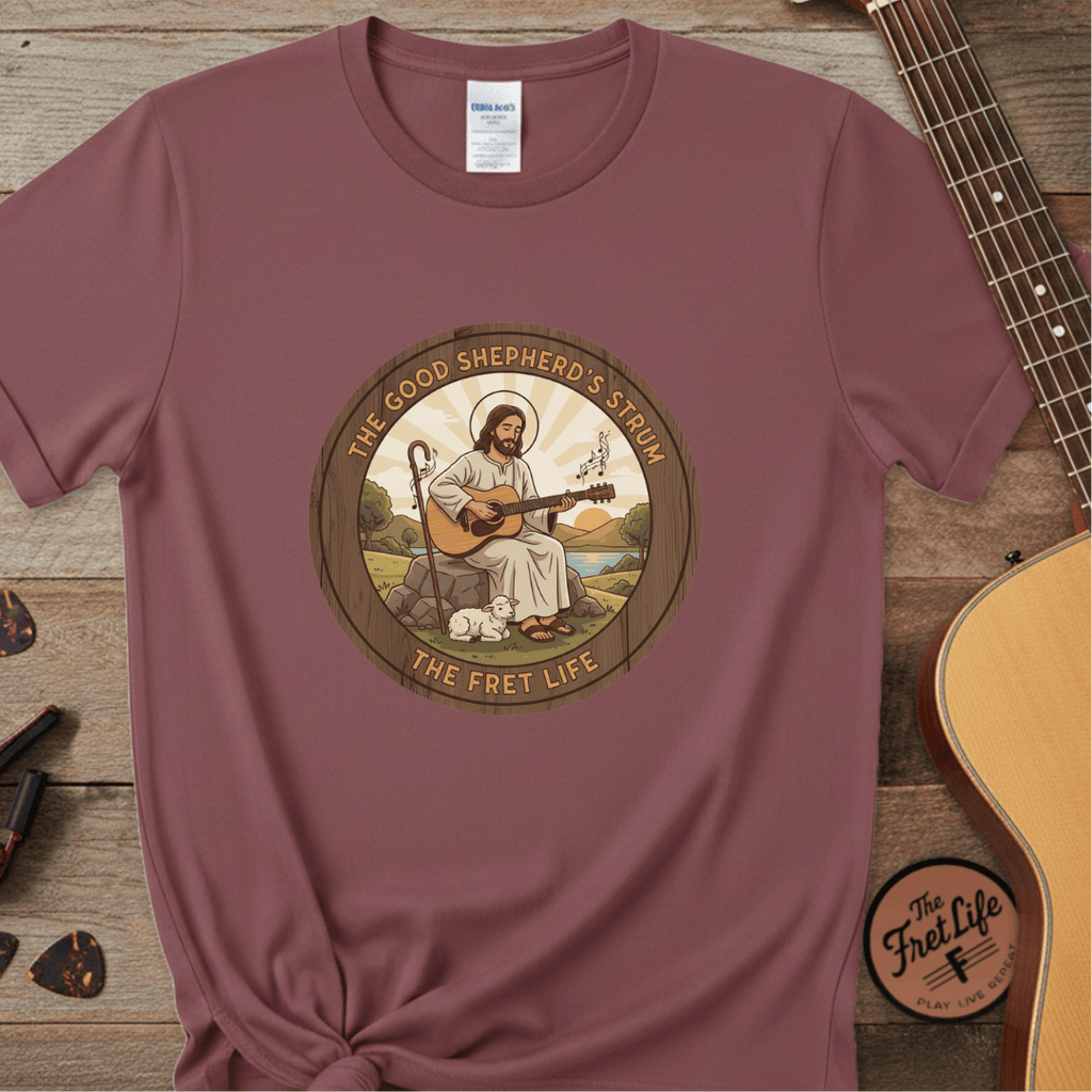 Printify T-Shirt Brick / S The Good Shepherd's Strum T-Shirt: Led by the Ultimate Musician.