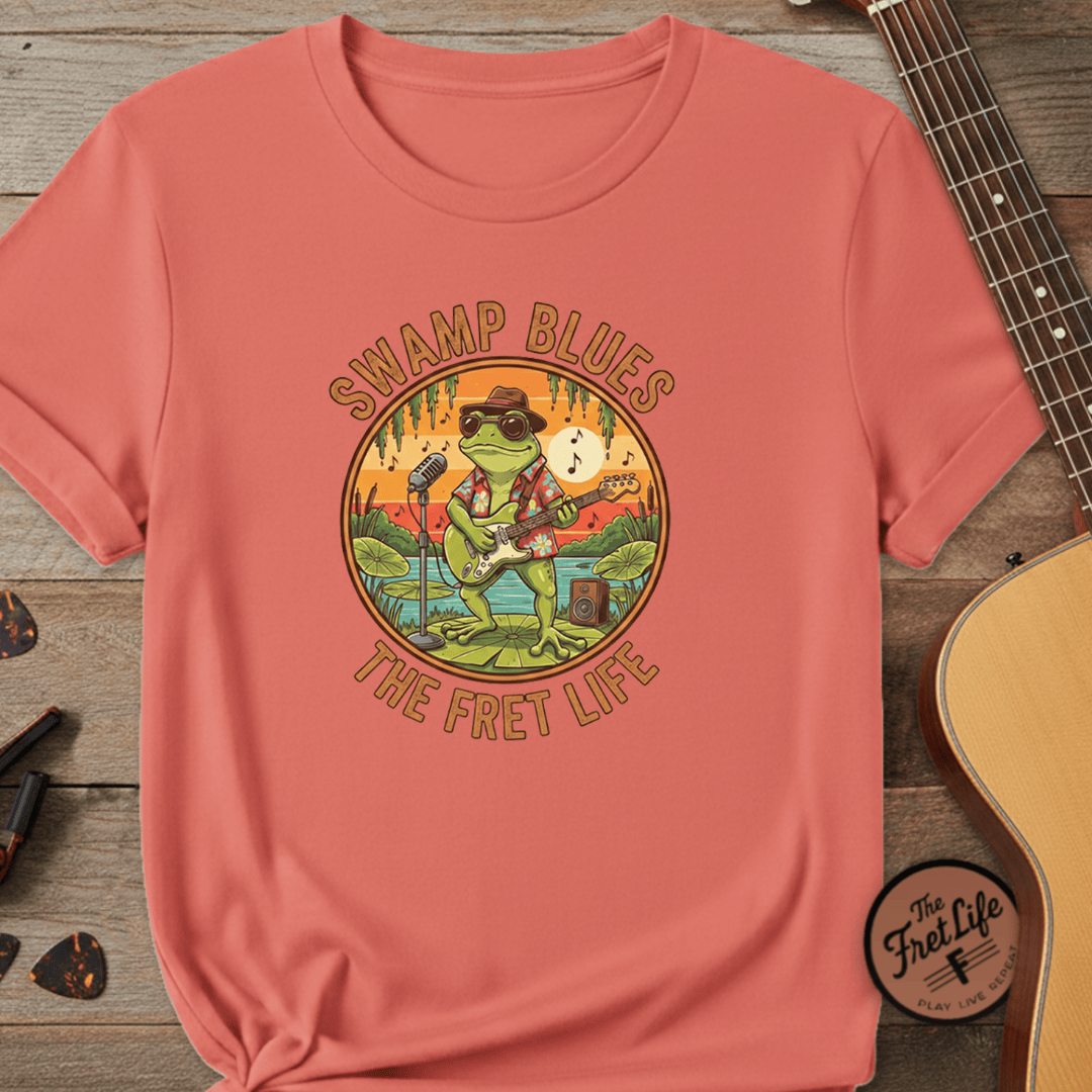 Printify T-Shirt Bright Salmon / S Swamp Blues: Ribbitin' Riffs Fret Life Tee