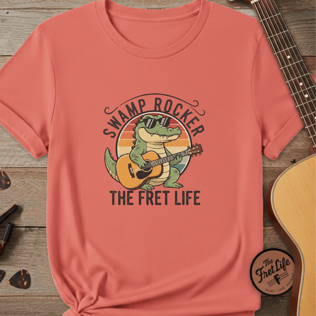 Printify T-Shirt Bright Salmon / S Swamp Rocker: The Fret Life Gator Tee