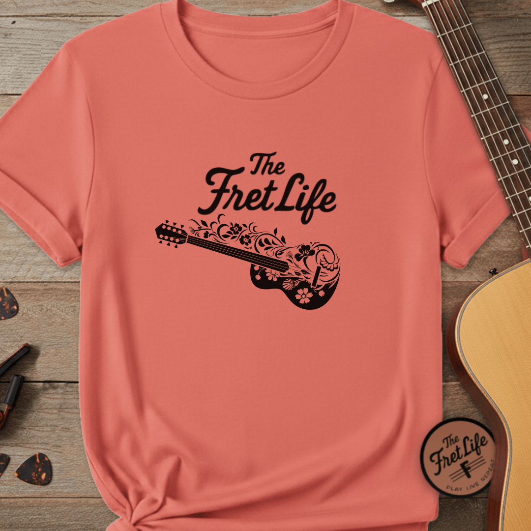 Printify T-Shirt Bright Salmon / S T-shirt - Flower Guitar 'The Fret Life' Subtle Design - Music and Guitar Lover Gift