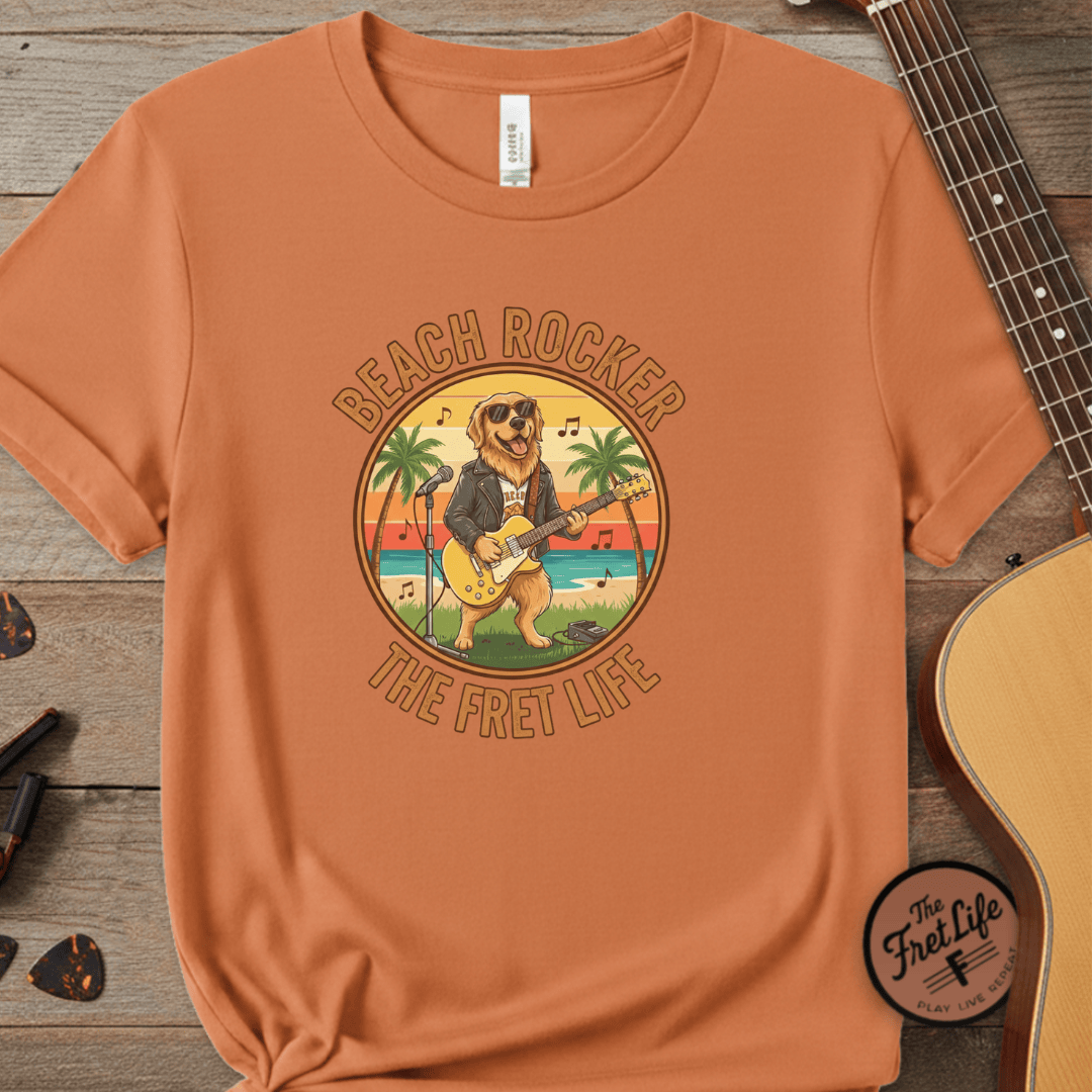 Printify T-Shirt Burnt Orange / S Beach Rocker: Golden's Sunset Shred Fret Life Tee