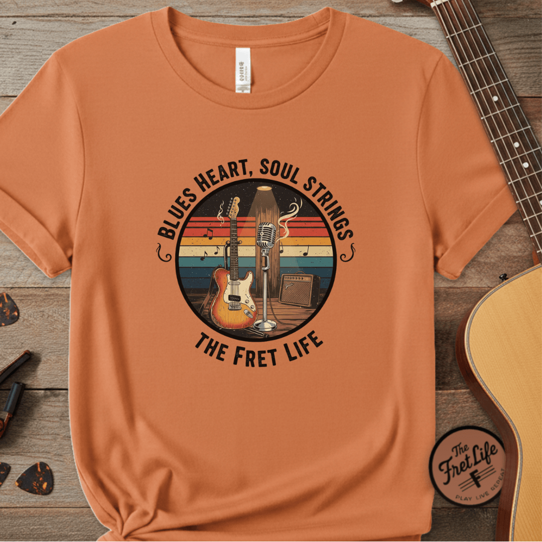 Printify T-Shirt Burnt Orange / S Blues Heart, Soul Strings: The Fret Life Classic Tee