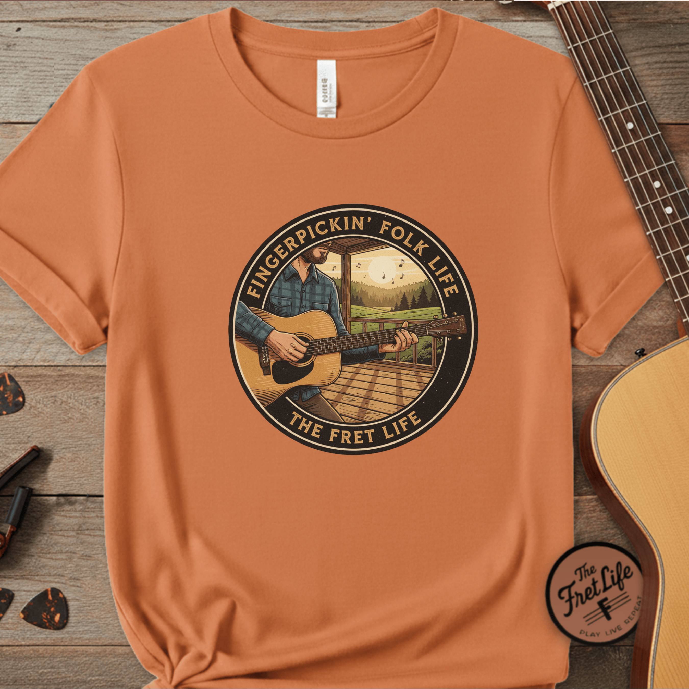 Printify T-Shirt Burnt Orange / S Fingerpickin' Folk Life: Porch & Sunset Acoustic Tee