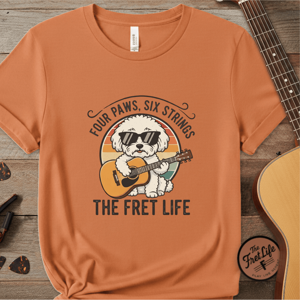 Printify T-Shirt Burnt Orange / S Four Paws, Six Strings: The Dog House Blues Tee