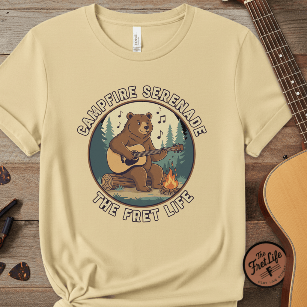 Printify T-Shirt Butter / S Campfire Serenade, Bear playing guitar design Garment-Dyed T-shirt