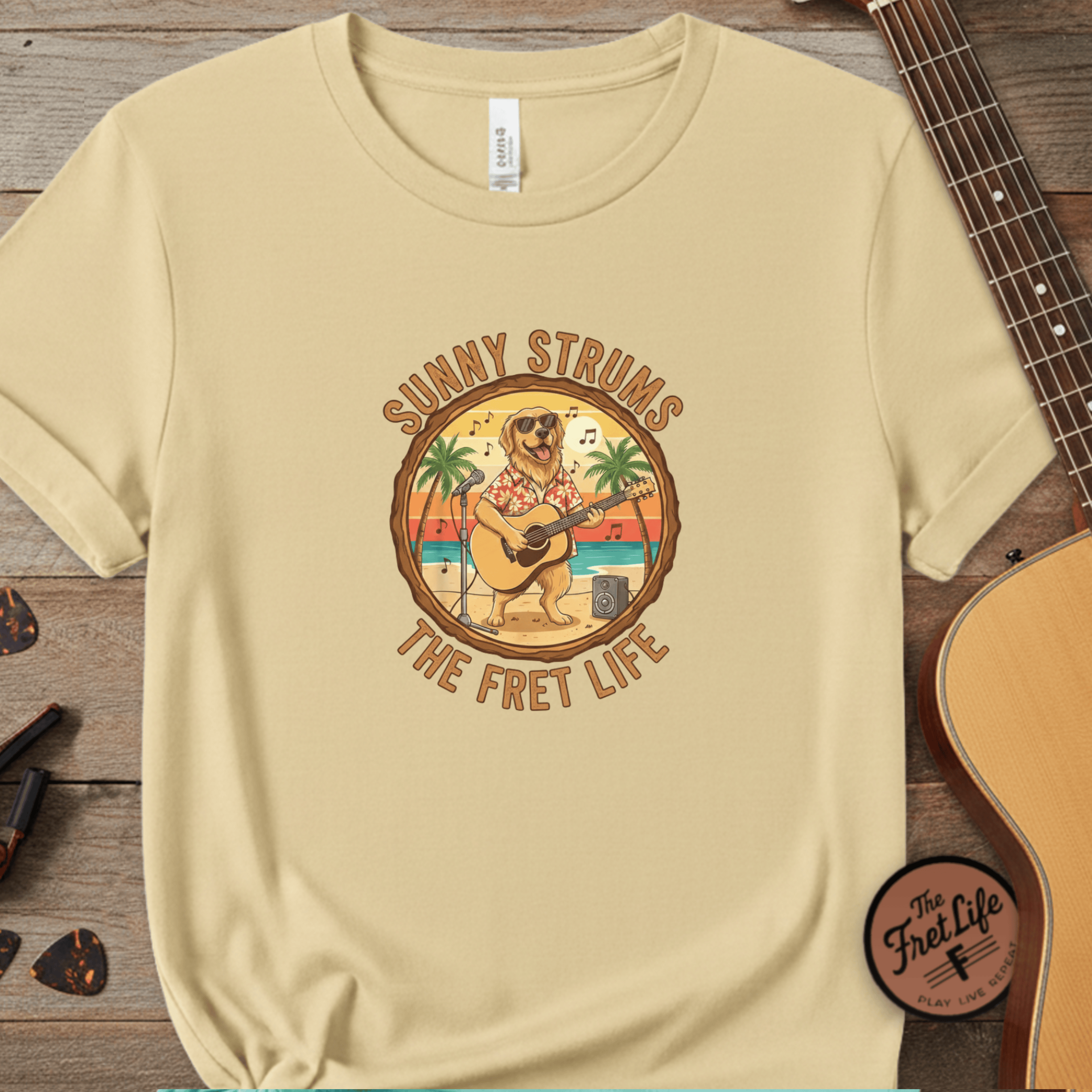 Printify T-Shirt Butter / S Sunny Strums: Golden Retriever Acoustic Serenade Tee