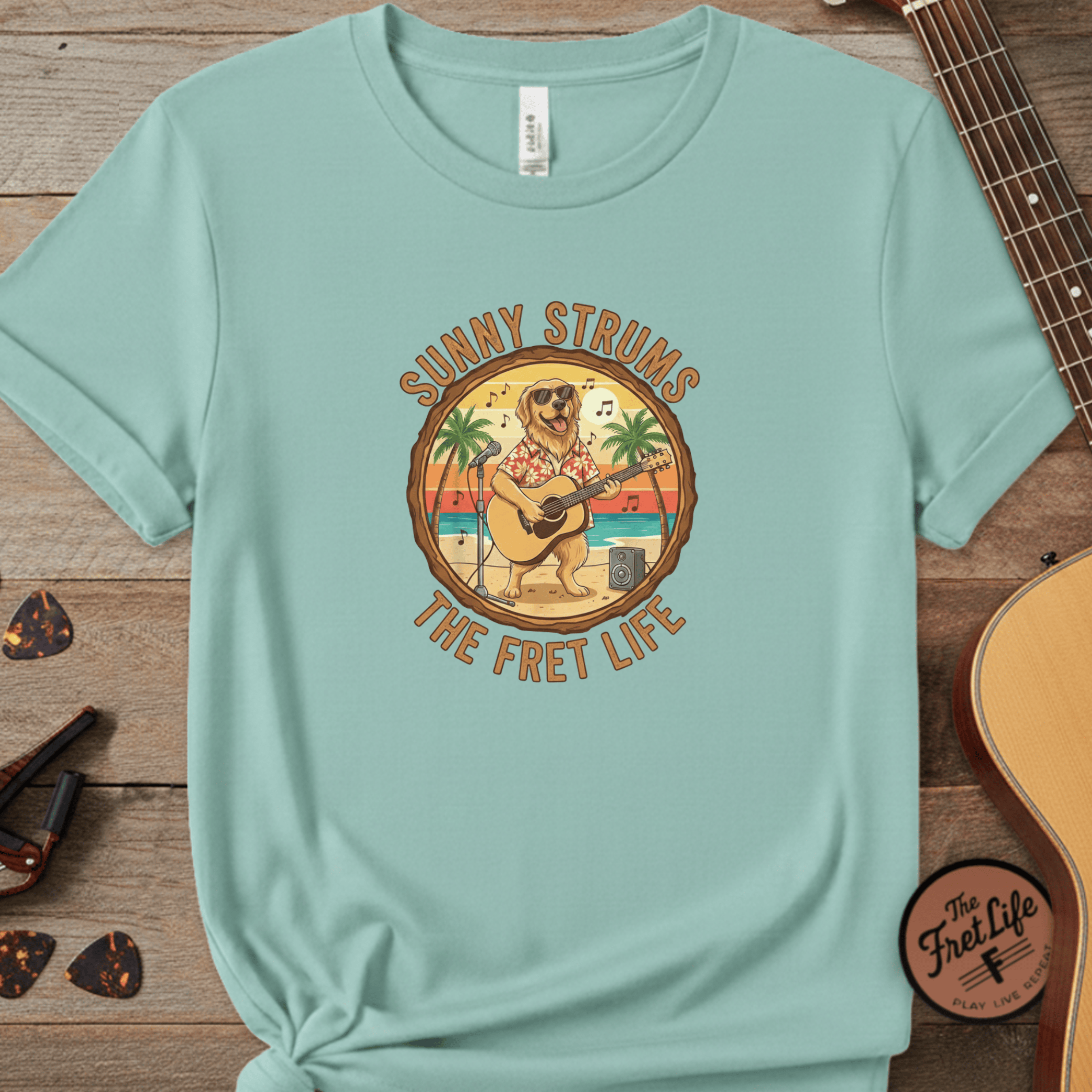 Printify T-Shirt Chalky Mint / S Sunny Strums: Golden Retriever Acoustic Serenade Tee