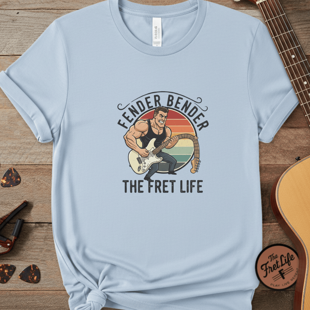Printify T-Shirt Chambray / S Fender Bender: The Fret Life T-Shirt (Vintage Rocker Edition)