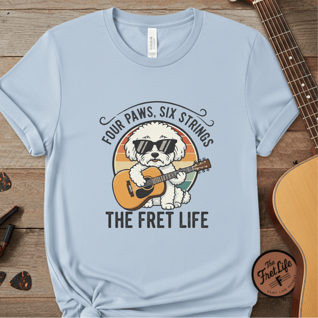 Printify T-Shirt Chambray / S Four Paws, Six Strings: The Dog House Blues Tee