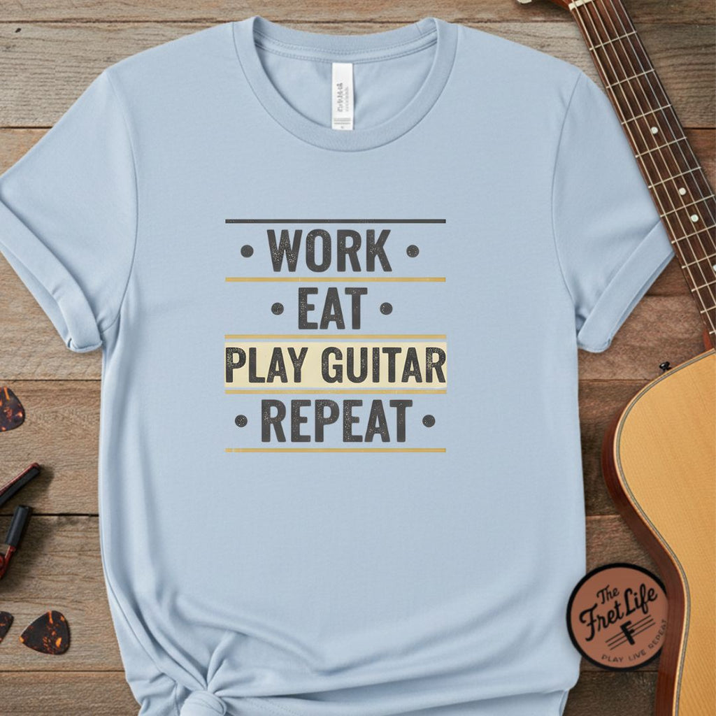 Printify T-Shirt Chambray / S Work Eat Play Guitar Repeat | Premium T-Shirt