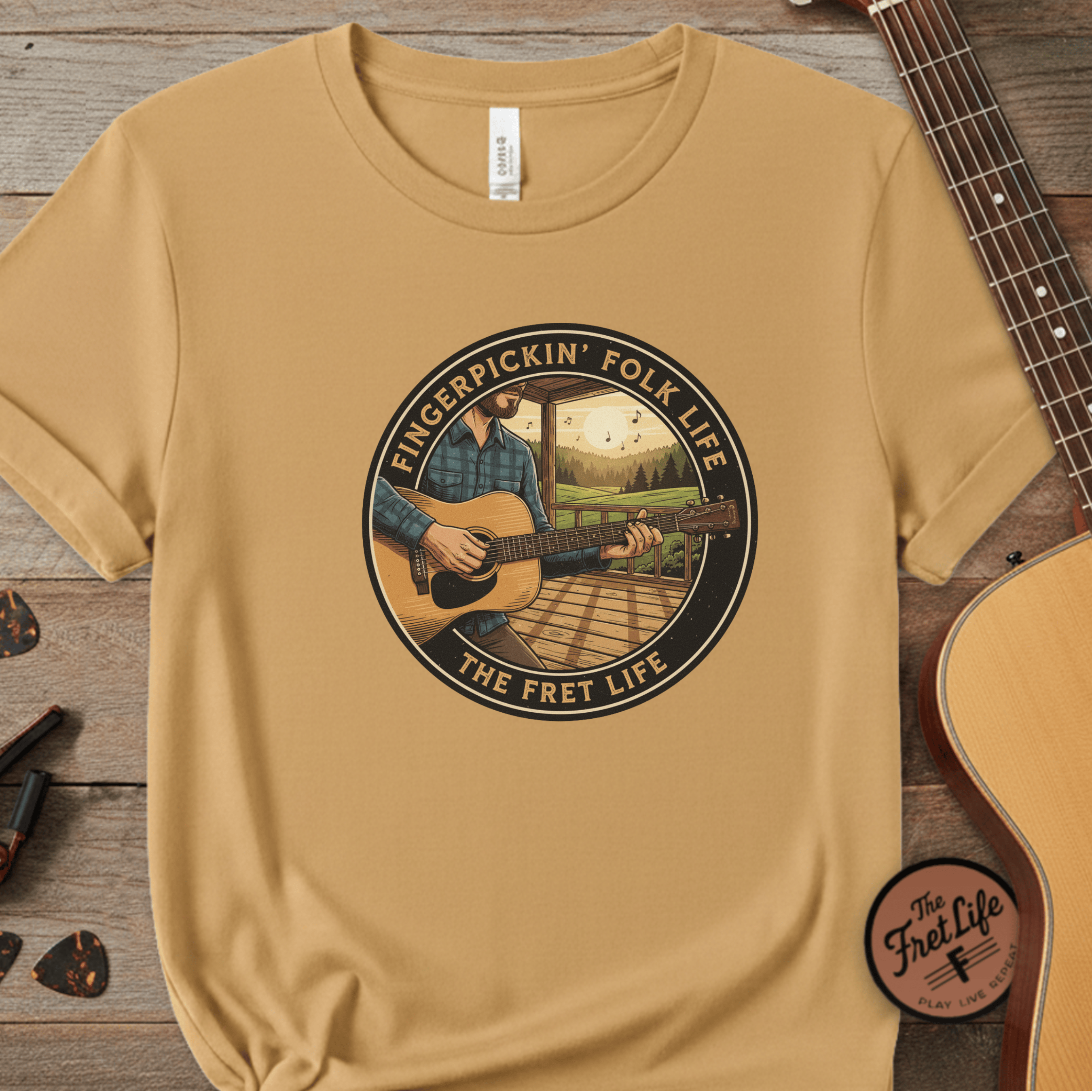 Printify T-Shirt Citrus / S Fingerpickin' Folk Life: Porch & Sunset Acoustic Tee