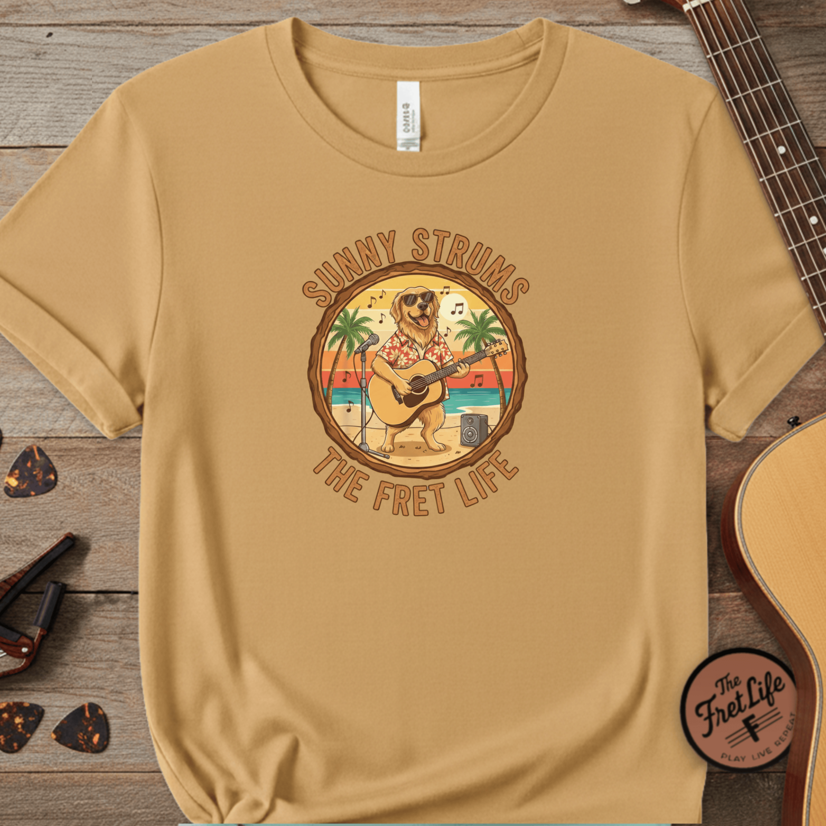 Printify T-Shirt Citrus / S Sunny Strums: Golden Retriever Acoustic Serenade Tee