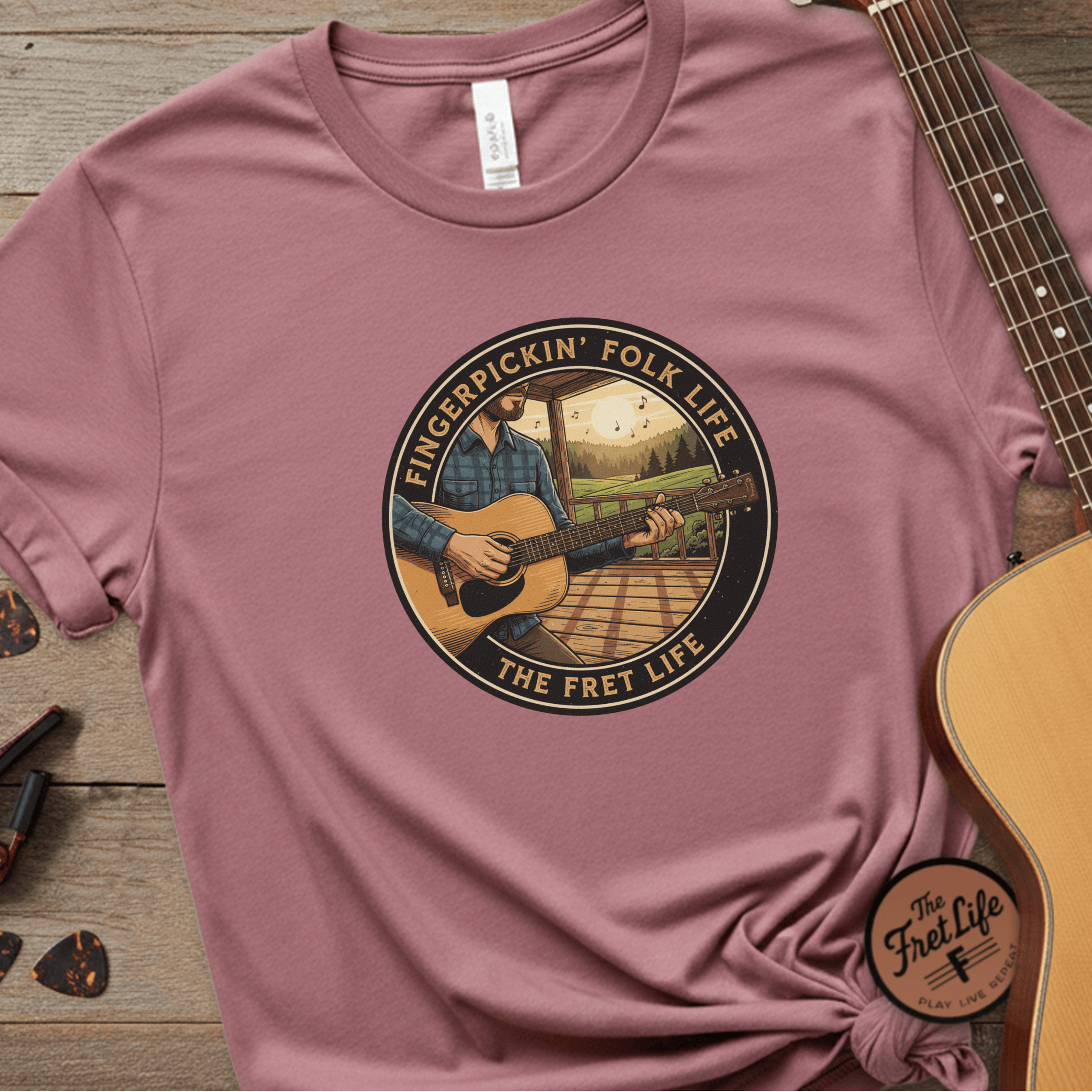 Printify T-Shirt Crimson / 3XL Fingerpickin' Folk Life: Porch & Sunset Acoustic Tee