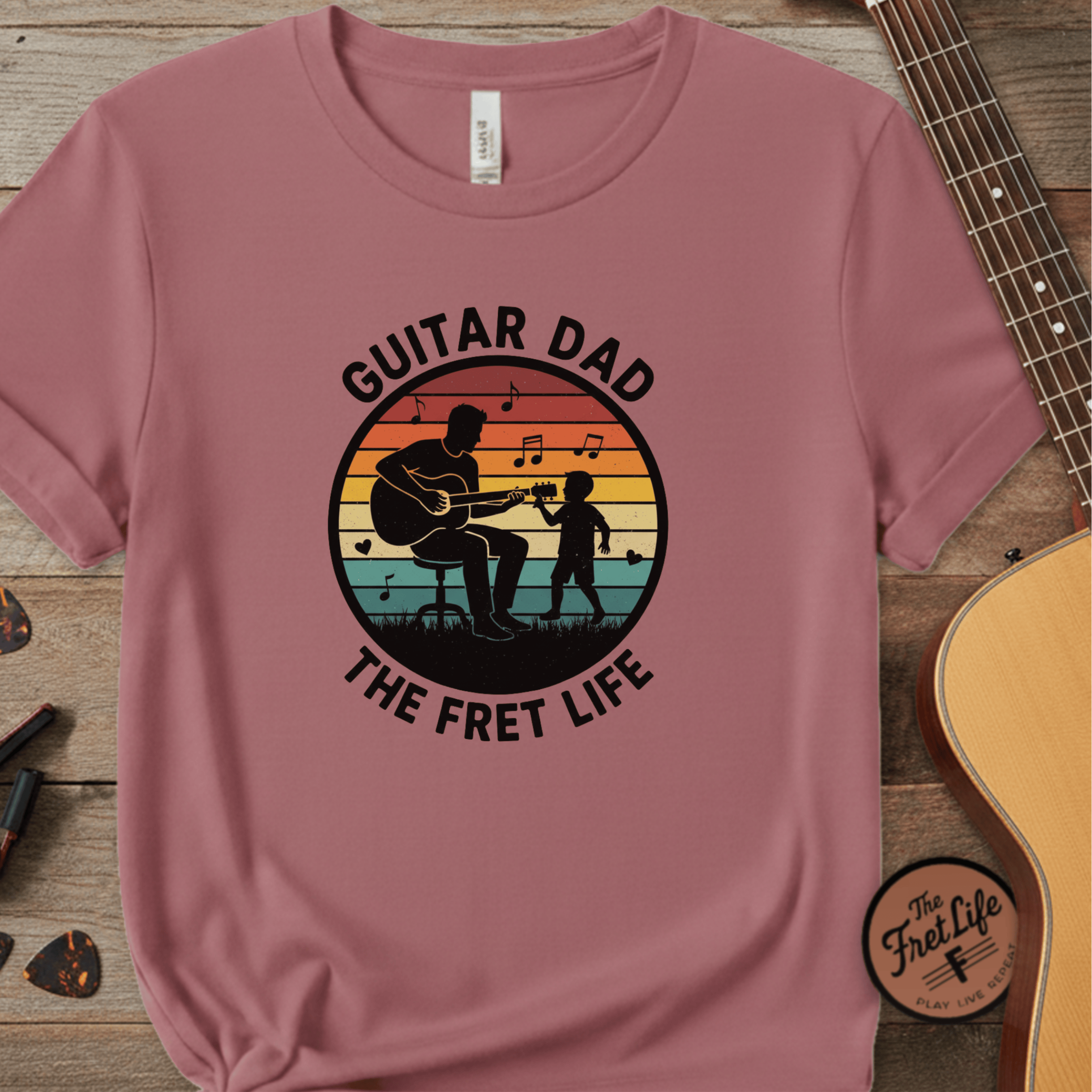 Printify T-Shirt Crimson / S Guitar Dad: The Fret Life Silhouetted Tee