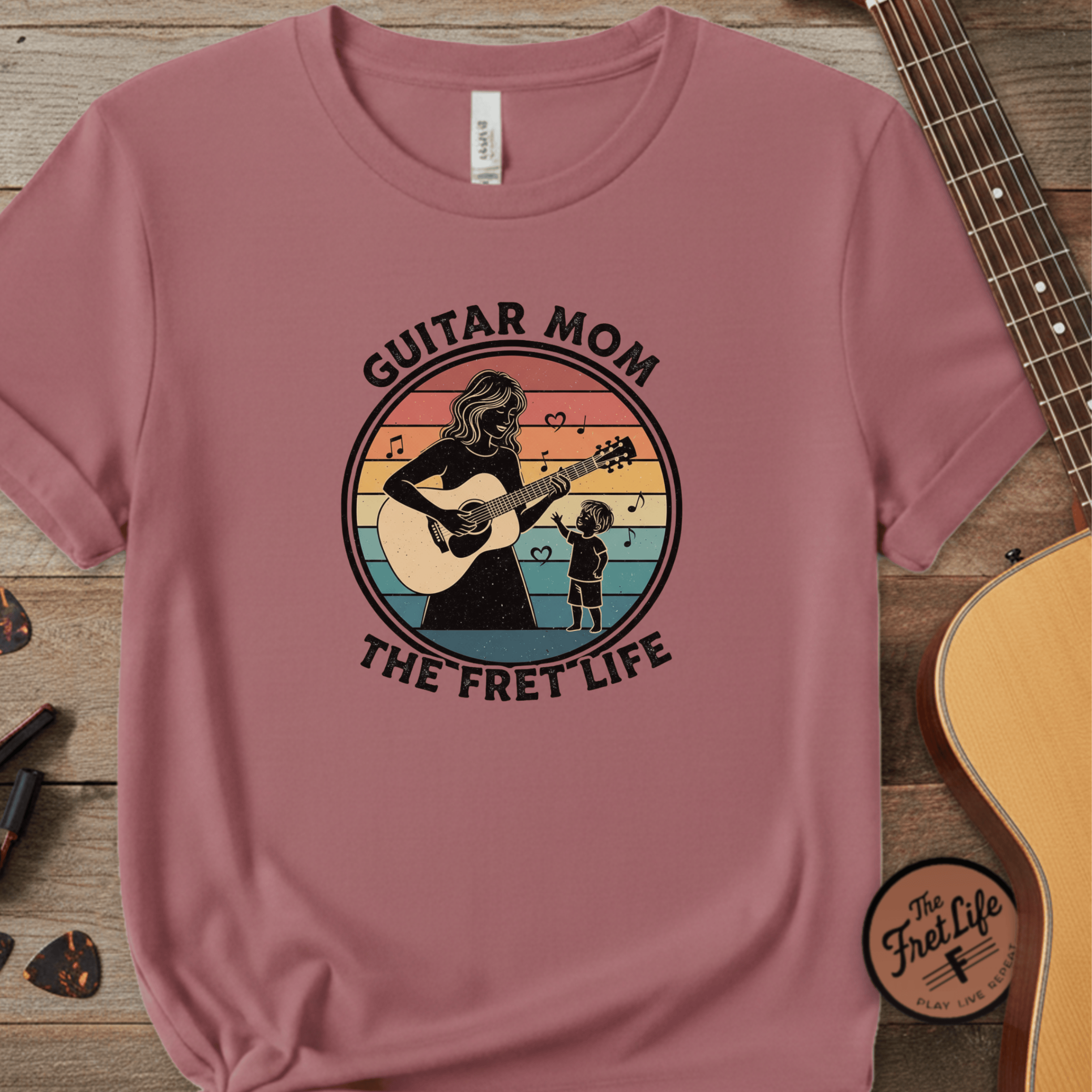 Printify T-Shirt Crimson / S Guitar Mom: The Fret Life Acoustic Silhouette Tee