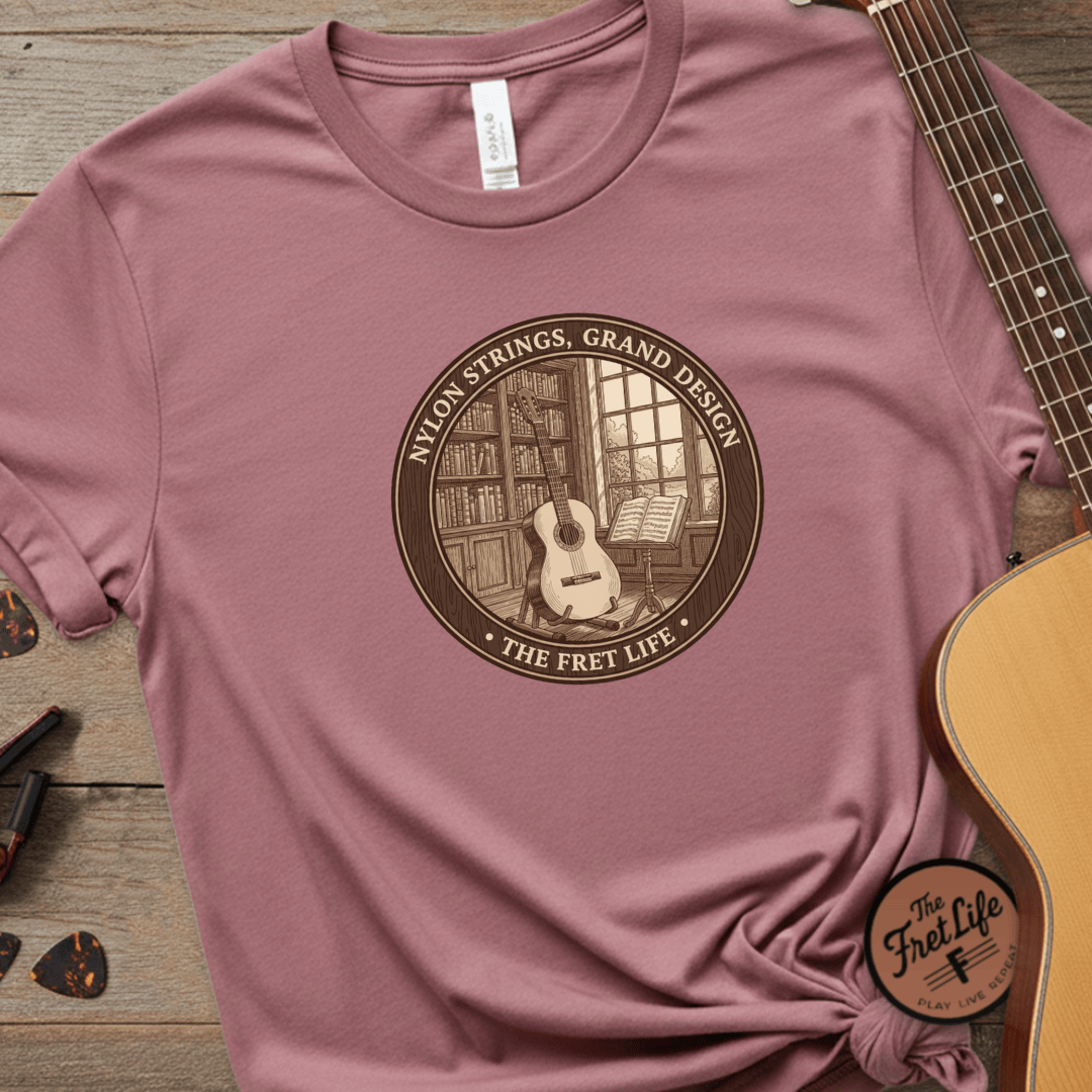 Printify T-Shirt Crimson / S Nylon Strings, Grand Design: The Classical Guitar Tee
