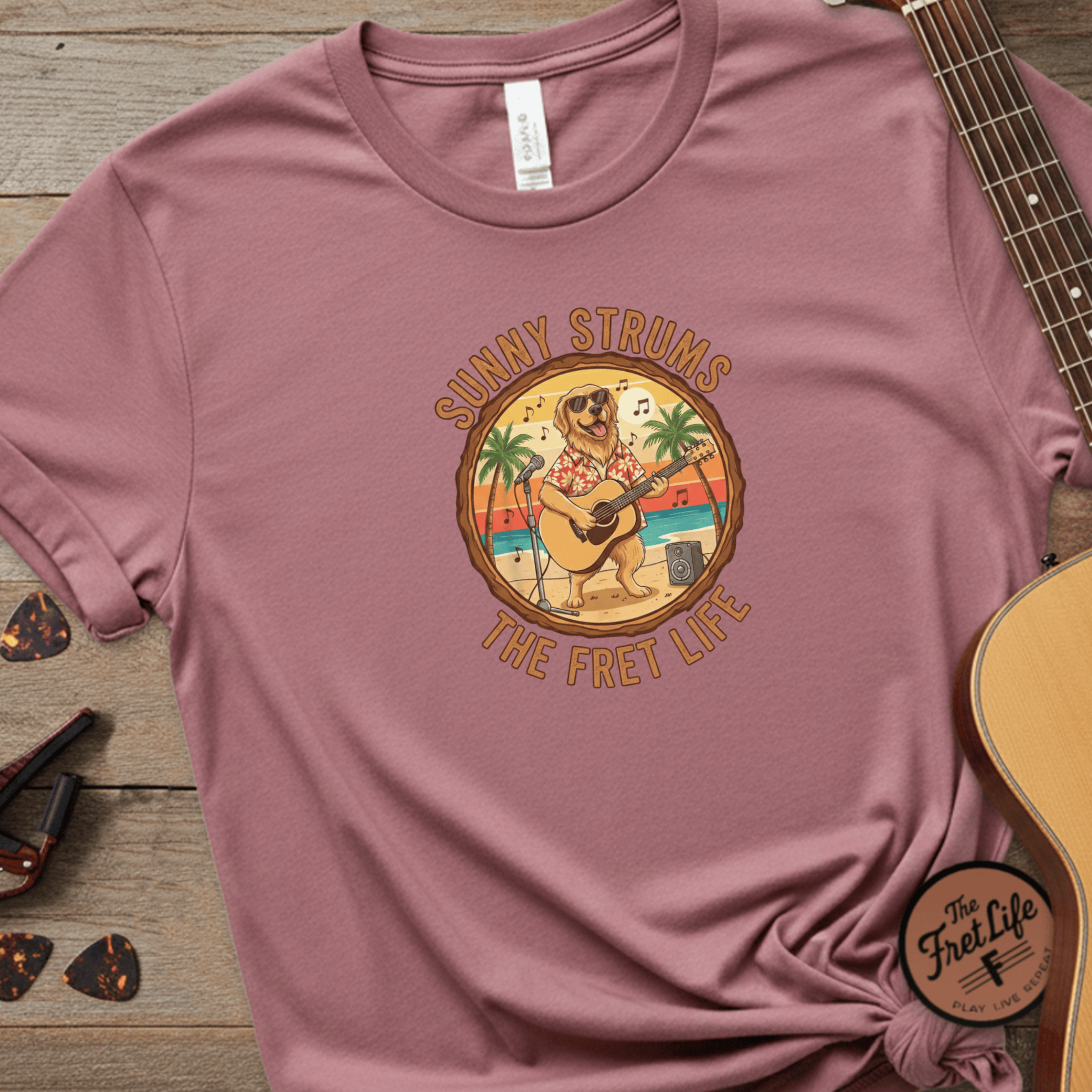 Printify T-Shirt Crimson / S Sunny Strums: Golden Retriever Acoustic Serenade Tee