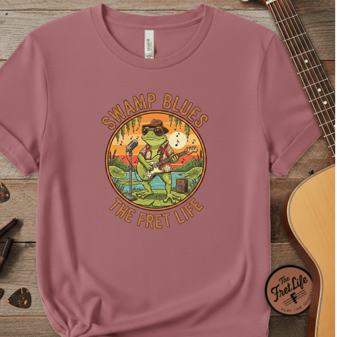 Printify T-Shirt Crimson / S Swamp Blues: Ribbitin' Riffs Fret Life Tee