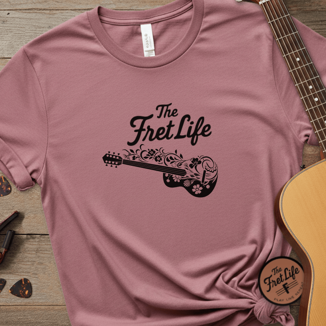 Printify T-Shirt Crimson / S T-shirt - Flower Guitar 'The Fret Life' Subtle Design - Music and Guitar Lover Gift