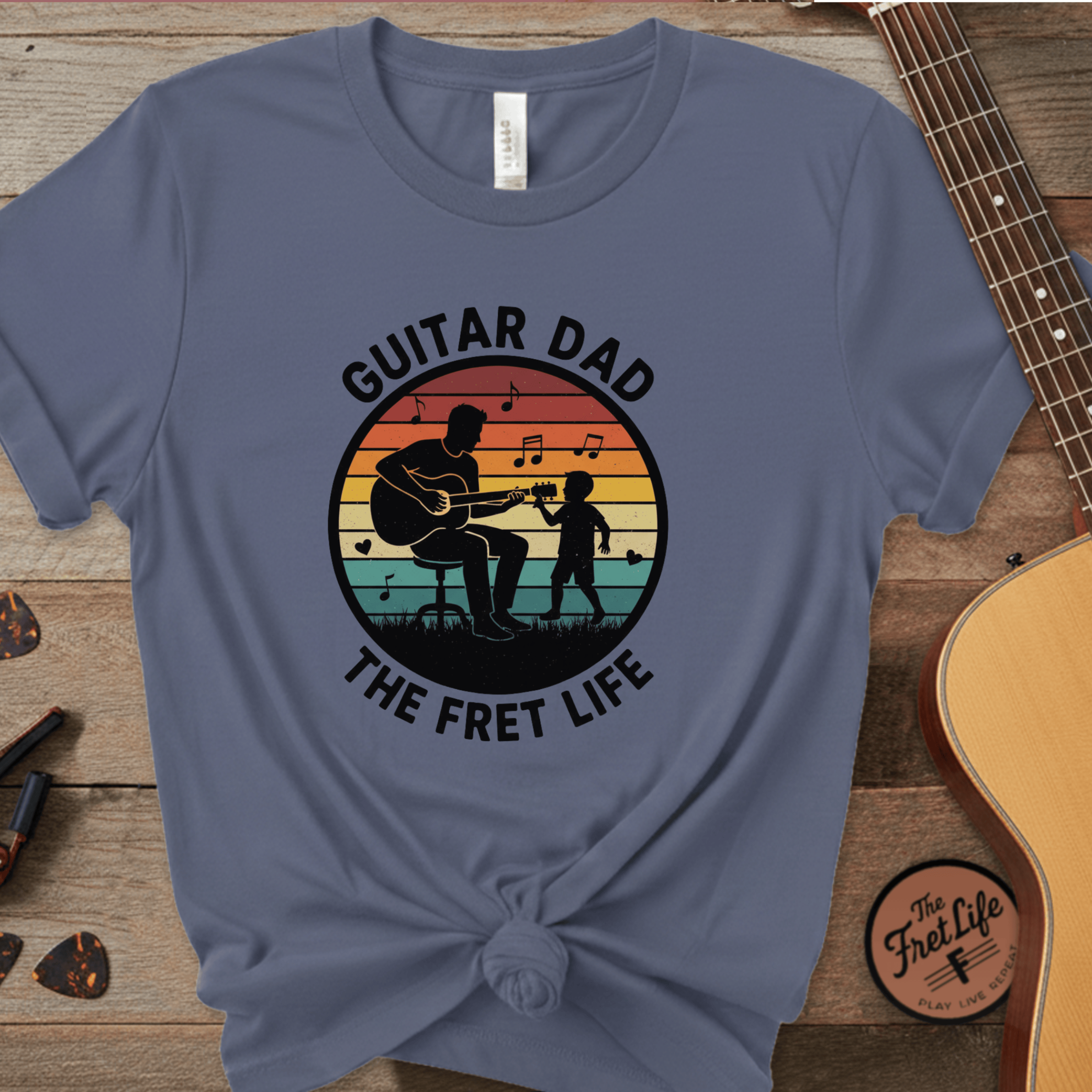 Printify T-Shirt Denim / S Guitar Dad: The Fret Life Silhouetted Tee
