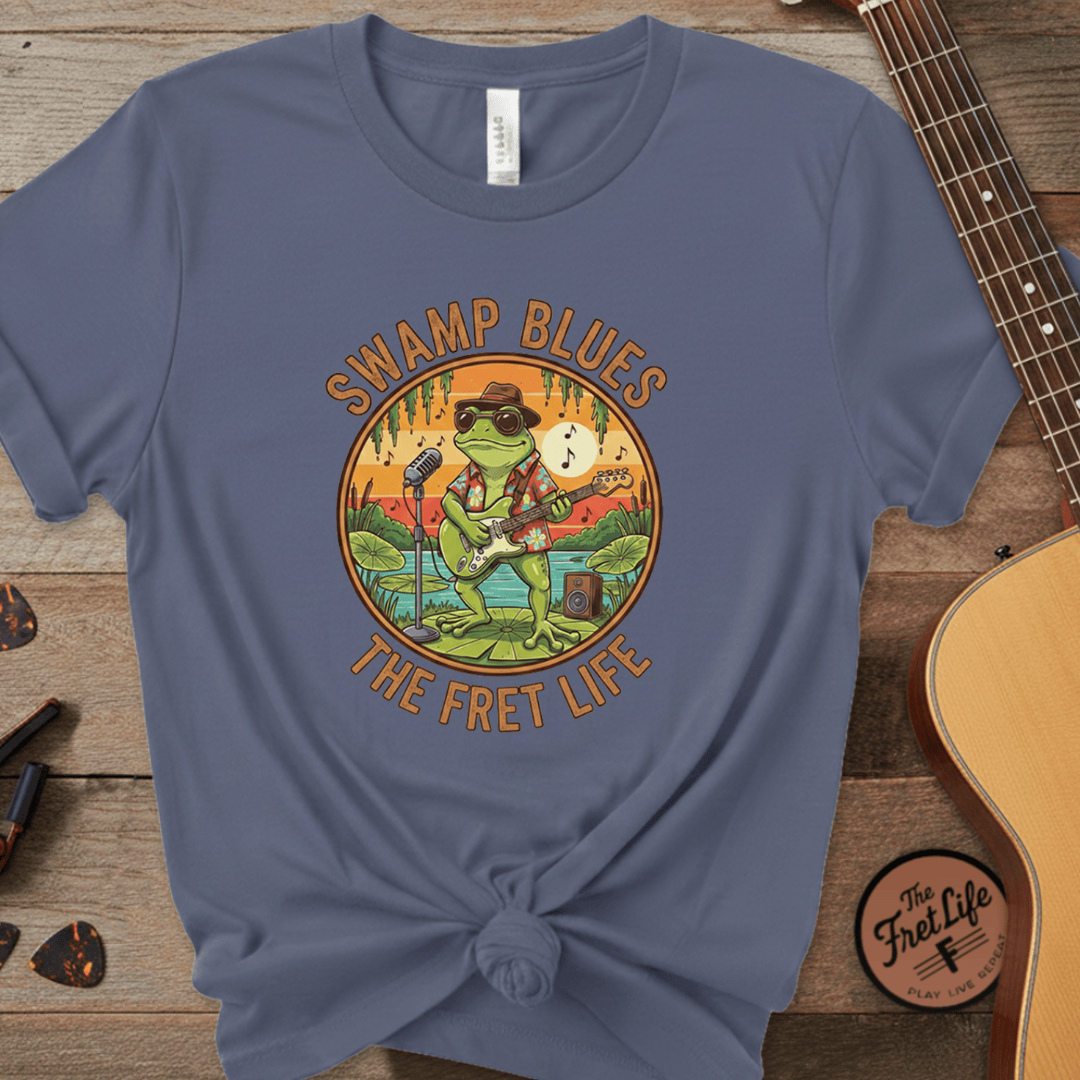 Printify T-Shirt Denim / S Swamp Blues: Ribbitin' Riffs Fret Life Tee