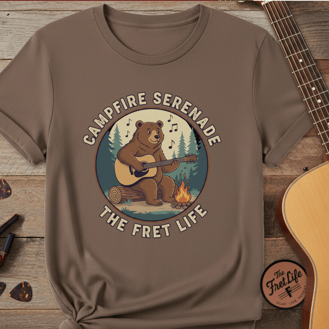 Printify T-Shirt Espresso / S Campfire Serenade, Bear playing guitar design Garment-Dyed T-shirt