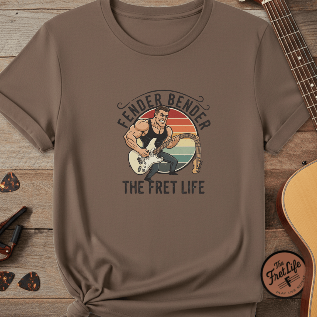Printify T-Shirt Espresso / S Fender Bender: The Fret Life T-Shirt (Vintage Rocker Edition)