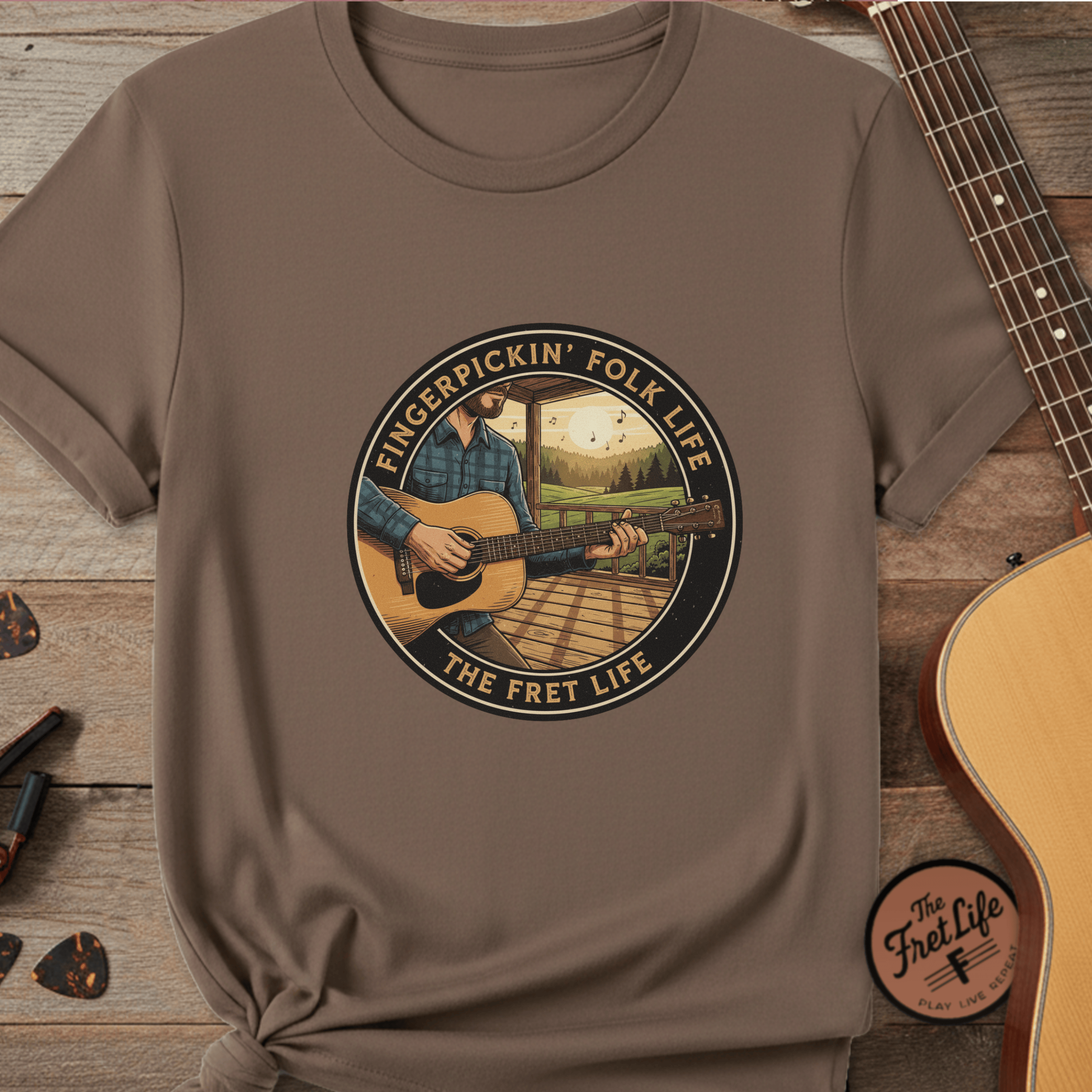 Printify T-Shirt Espresso / S Fingerpickin' Folk Life: Porch & Sunset Acoustic Tee