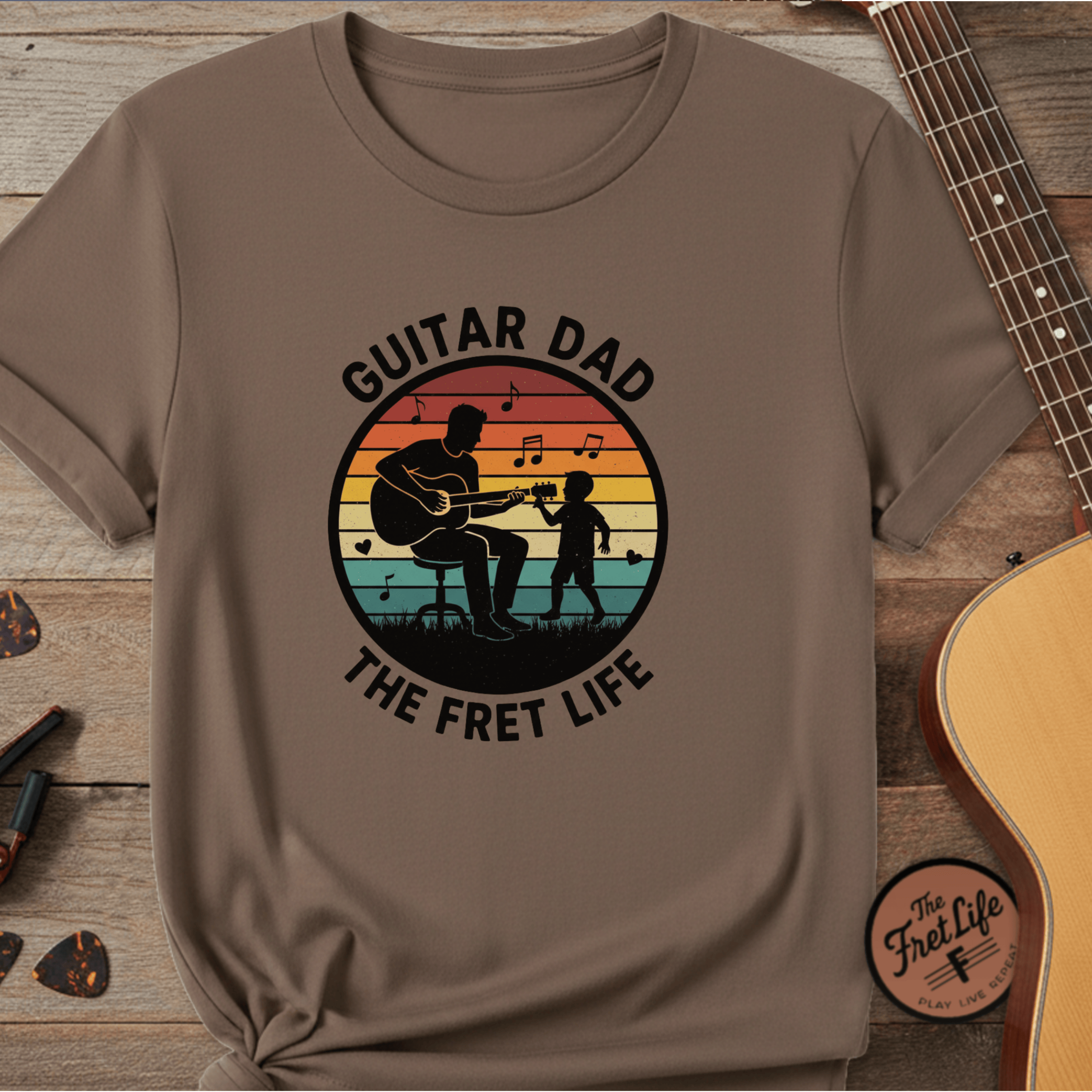 Printify T-Shirt Espresso / S Guitar Dad: The Fret Life Silhouetted Tee