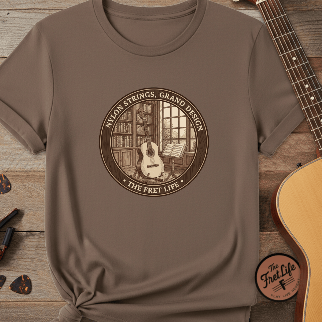 Printify T-Shirt Espresso / S Nylon Strings, Grand Design: The Classical Guitar Tee