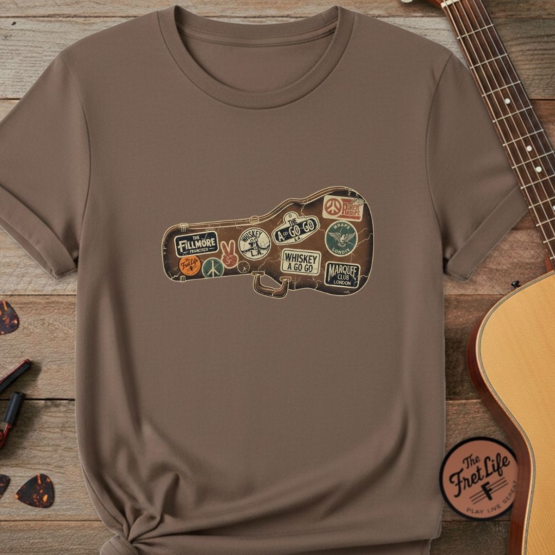 Printify T-Shirt Espresso / S Road Worn: Vintage Venue Sticker Case T-Shirt