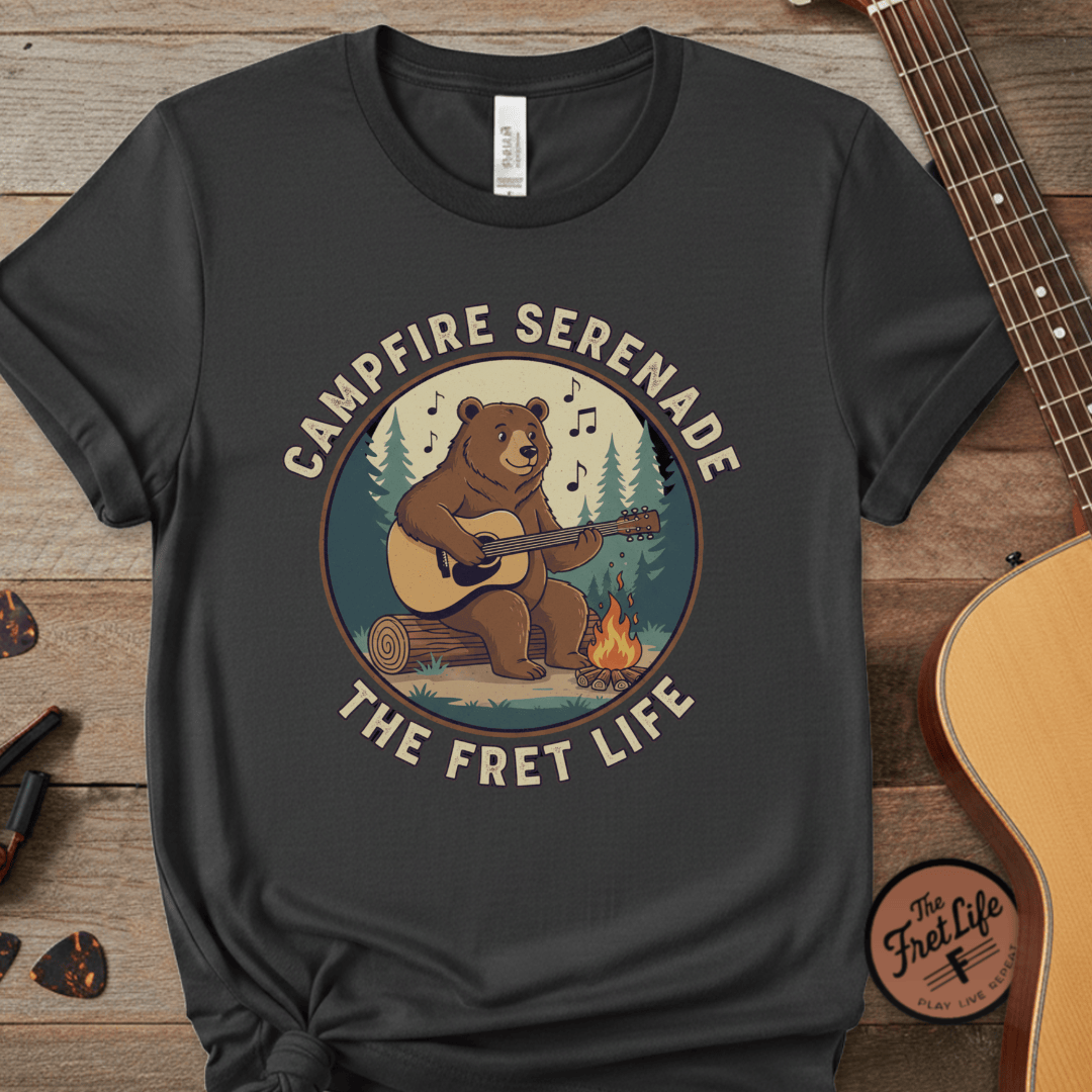 Printify T-Shirt Graphite / S Campfire Serenade, Bear playing guitar design Garment-Dyed T-shirt