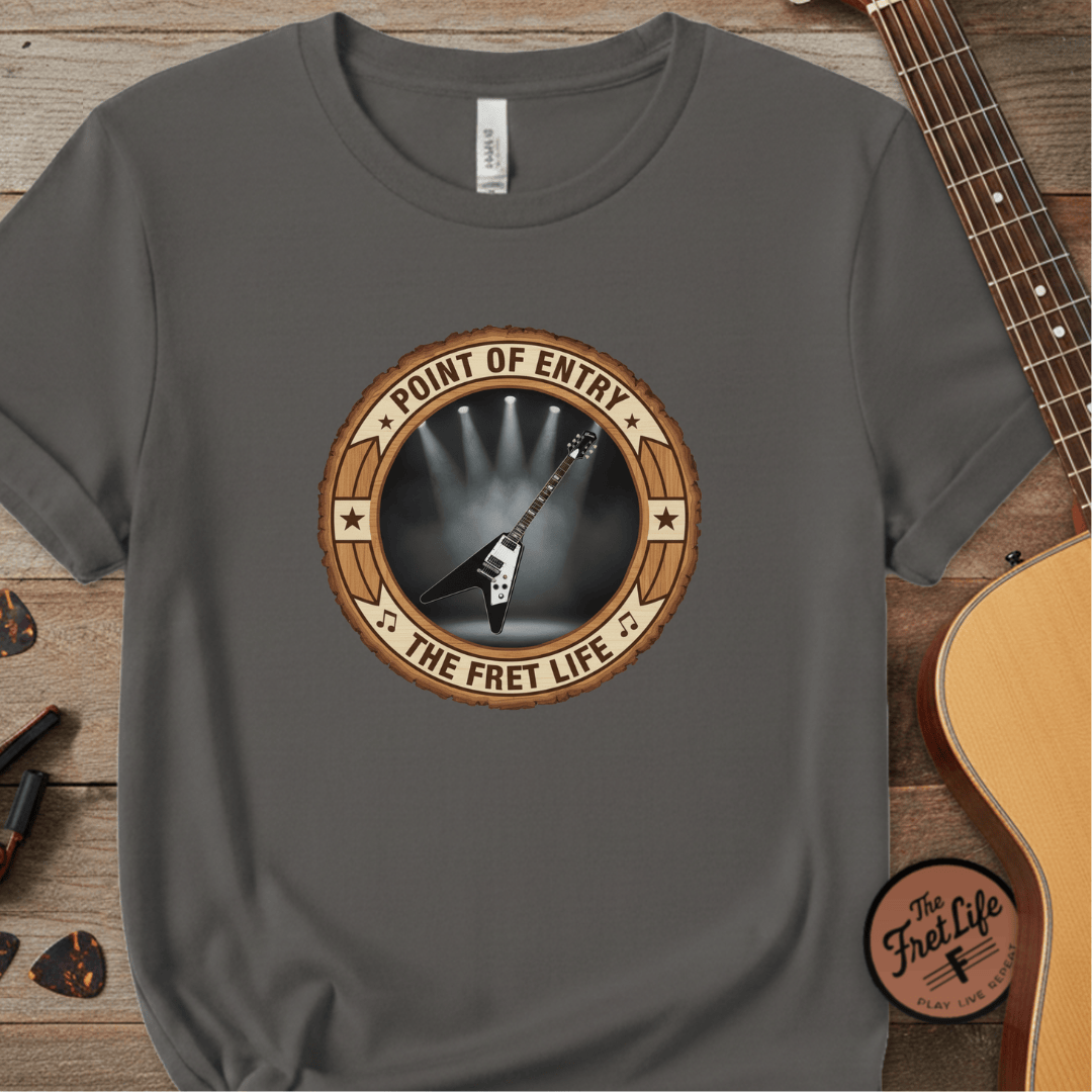 Printify T-Shirt Grey / S Point of Entry Tee | Gibson Flying V Hard Rock Metal Guitar Shirt