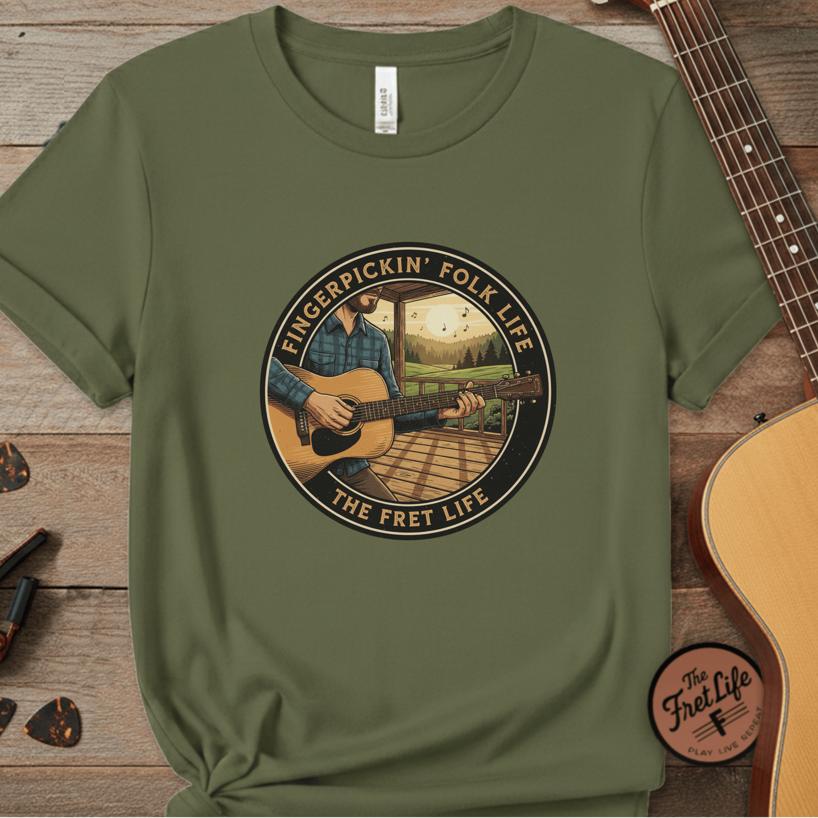 Printify T-Shirt Hemp / S Fingerpickin' Folk Life: Porch & Sunset Acoustic Tee