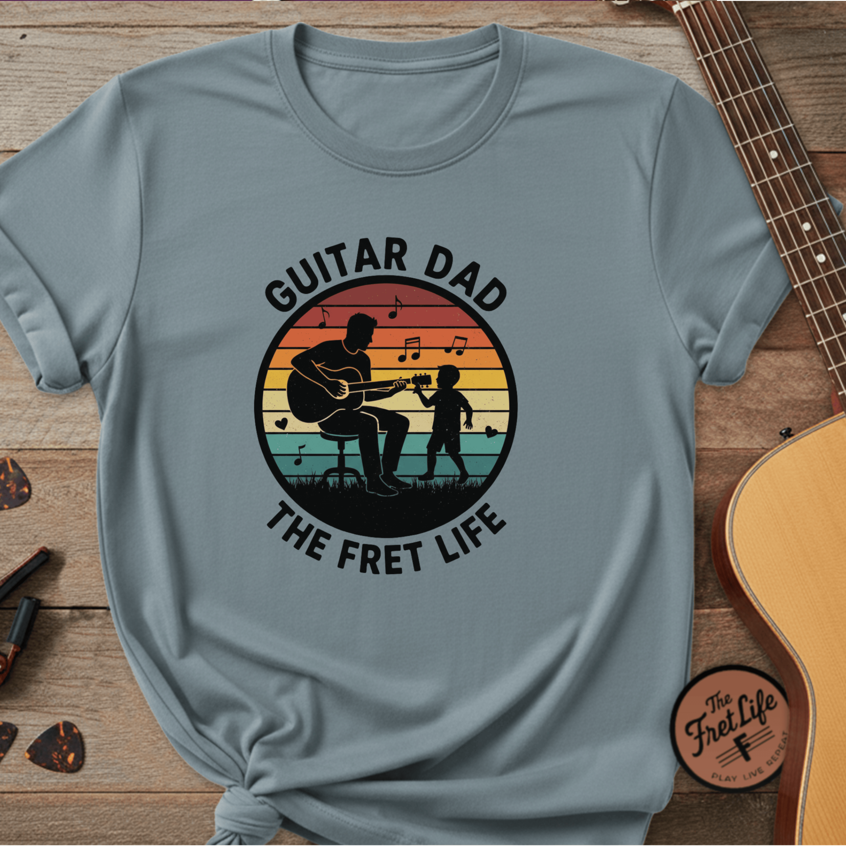 Printify T-Shirt Ice Blue / S Guitar Dad: The Fret Life Silhouetted Tee