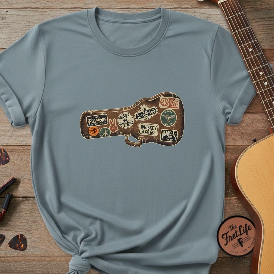 Printify T-Shirt Ice Blue / S Road Worn: Vintage Venue Sticker Case T-Shirt