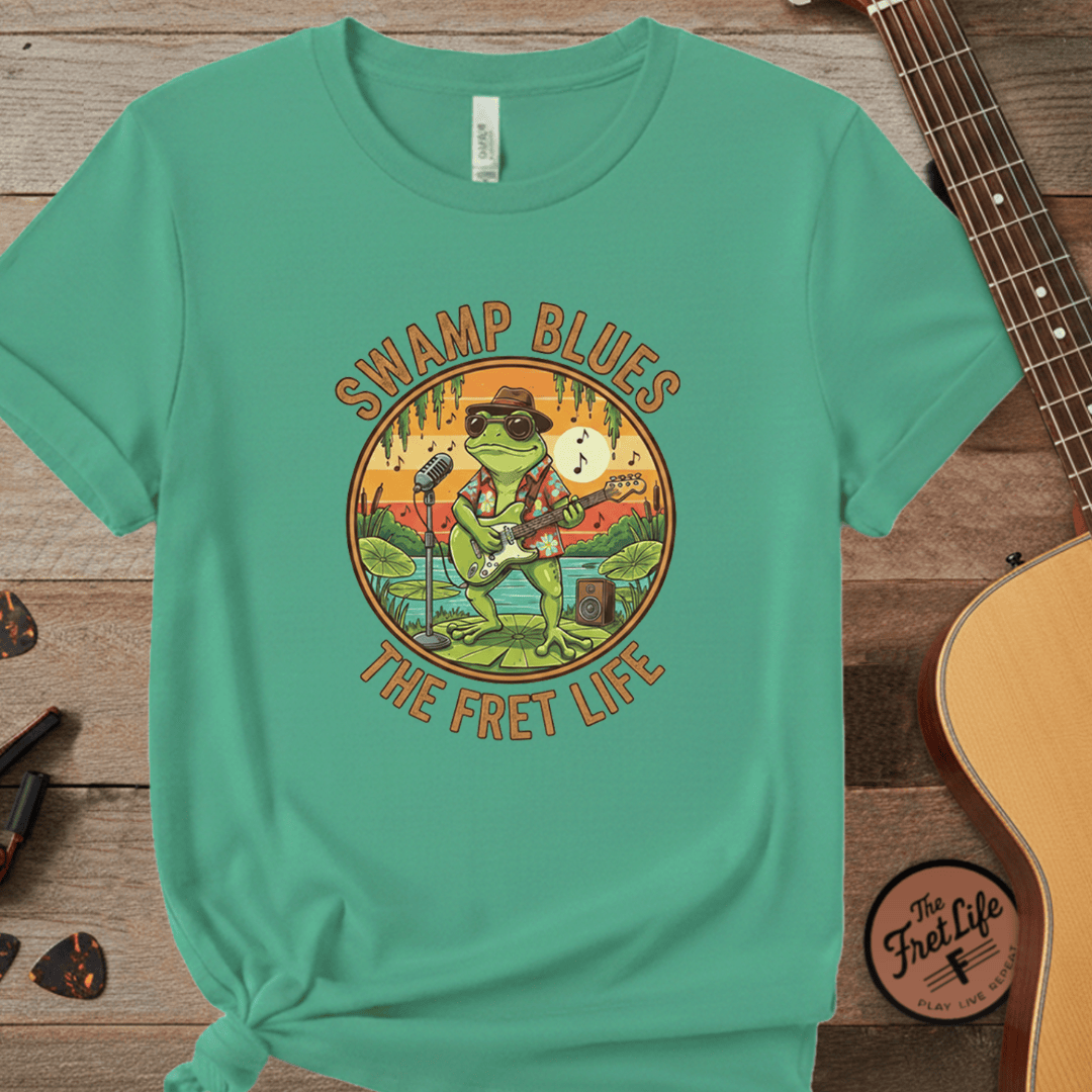 Printify T-Shirt Island Green / S Swamp Blues: Ribbitin' Riffs Fret Life Tee
