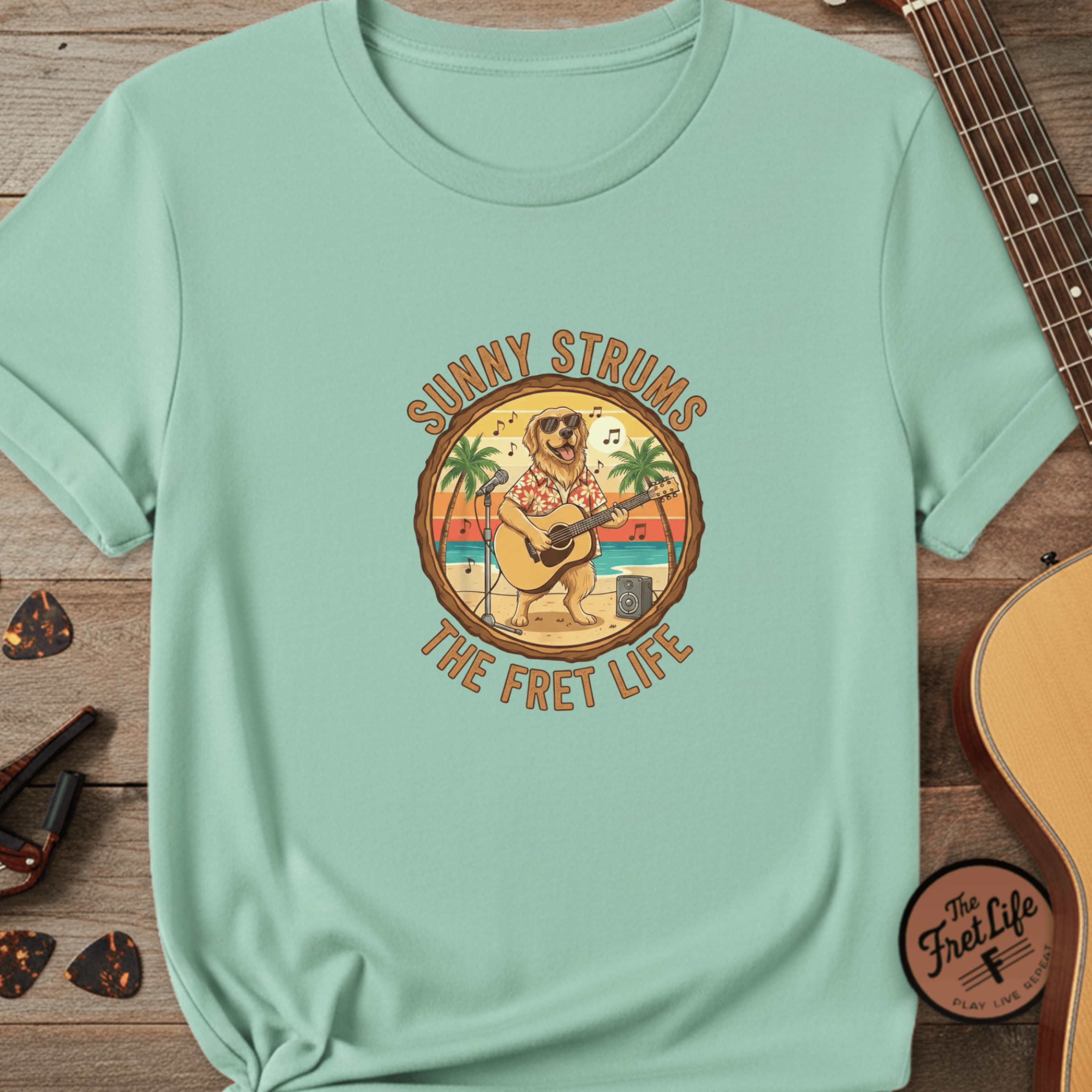 Printify T-Shirt Island Reef / S Sunny Strums: Golden Retriever Acoustic Serenade Tee