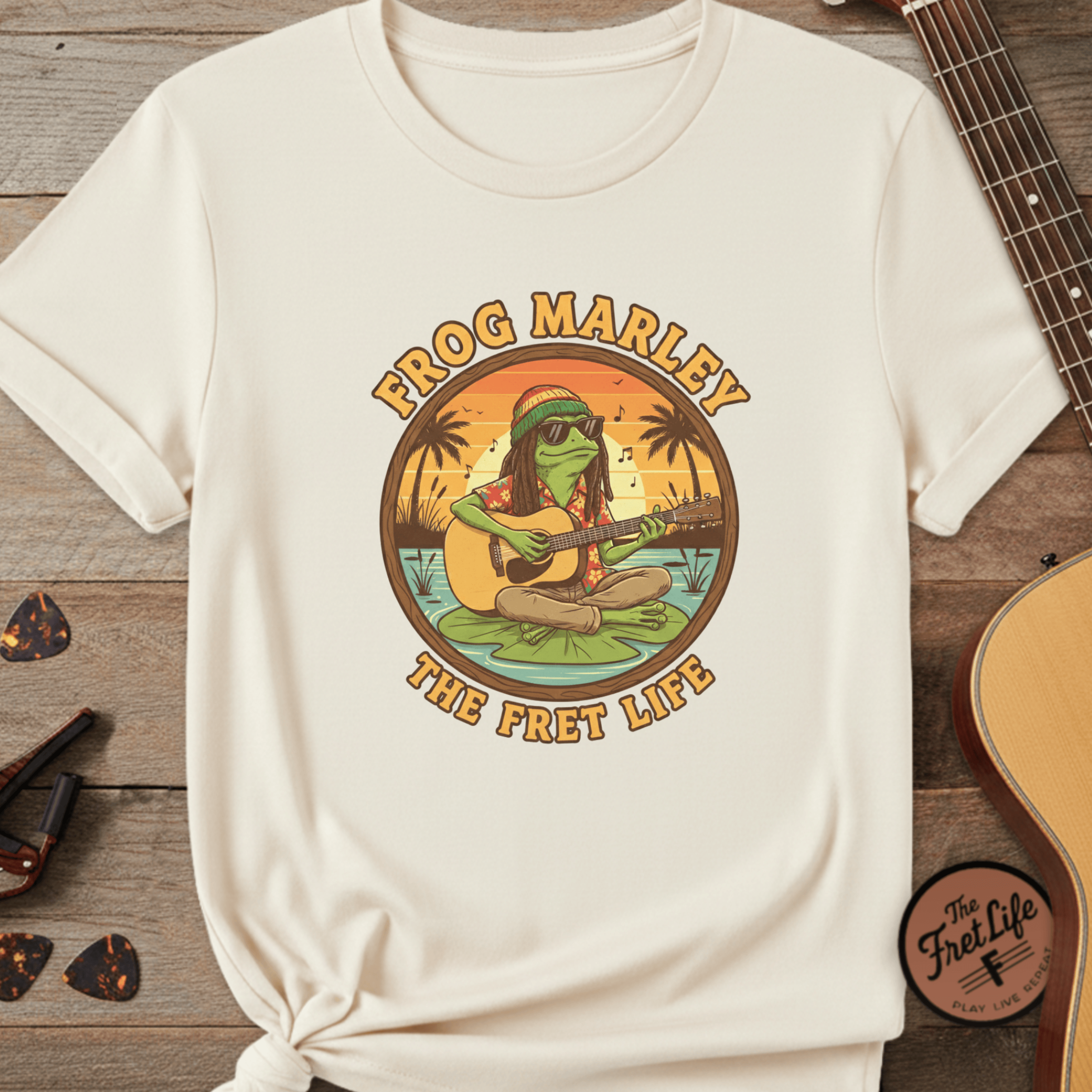 Printify T-Shirt Ivory / S Frog Marley: Reggae Ribbit Rhythms Fret Life Tee