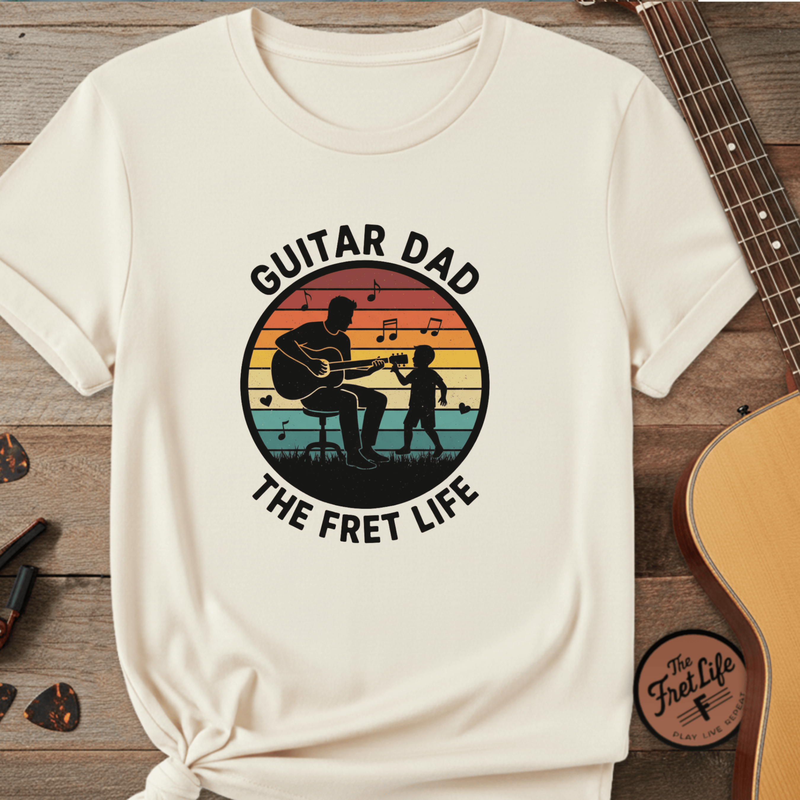 Printify T-Shirt Ivory / S Guitar Dad: The Fret Life Silhouetted Tee